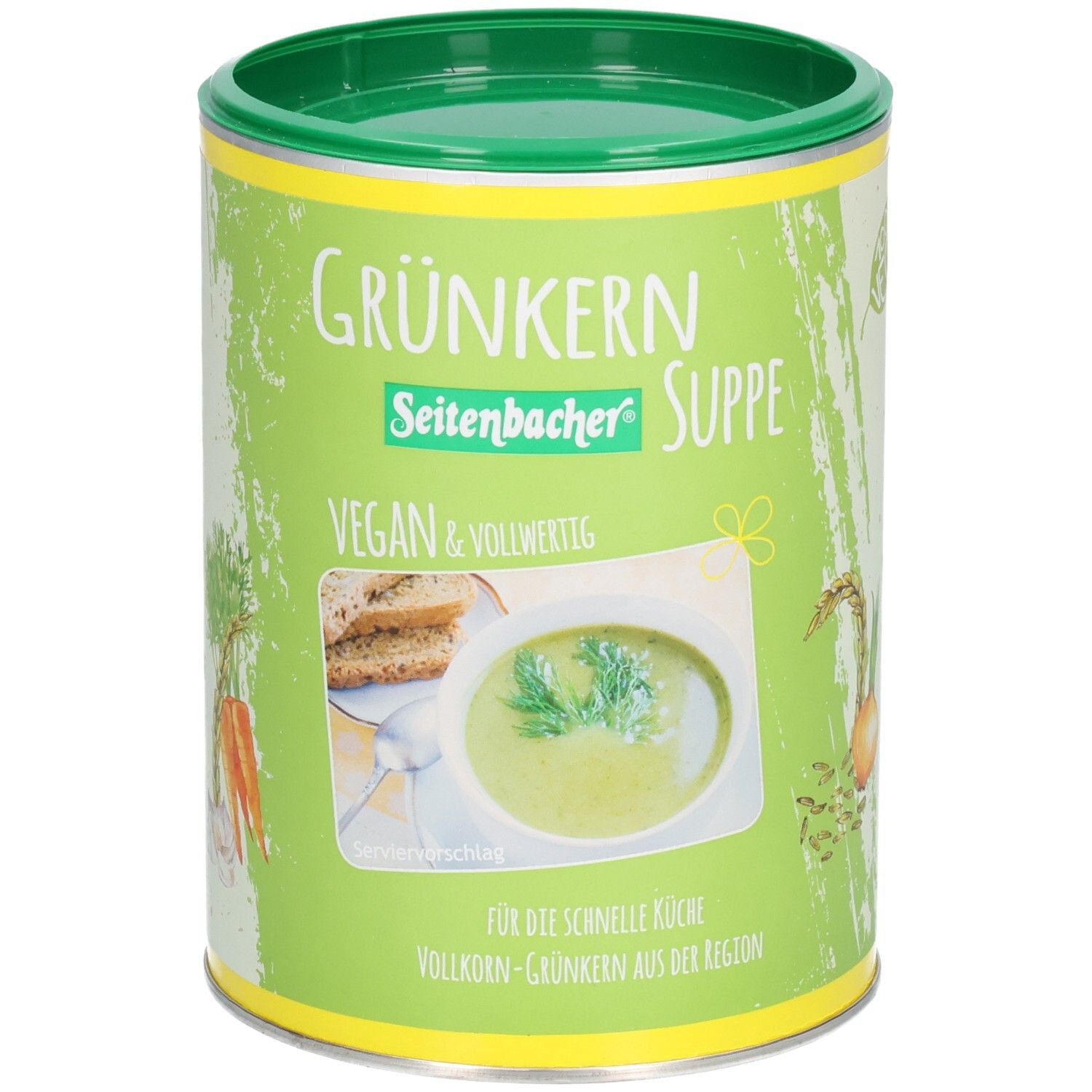 Grünkern Suppe Dose. Grün-gelbe Dose mit Produktbild. Text: Grünkern Suppe, Vegan & vollwertig. Bild: Suppe mit Brot und Karotten.