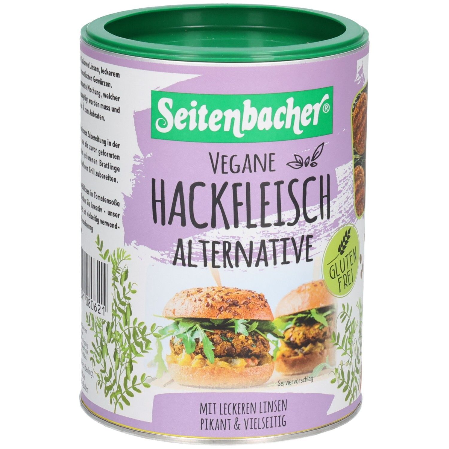Boîte cylindrique avec couvercle vert. Inscription: Seitenbacher Vegan Hackfleisch Alternative. Label sans gluten. Image de burgers.