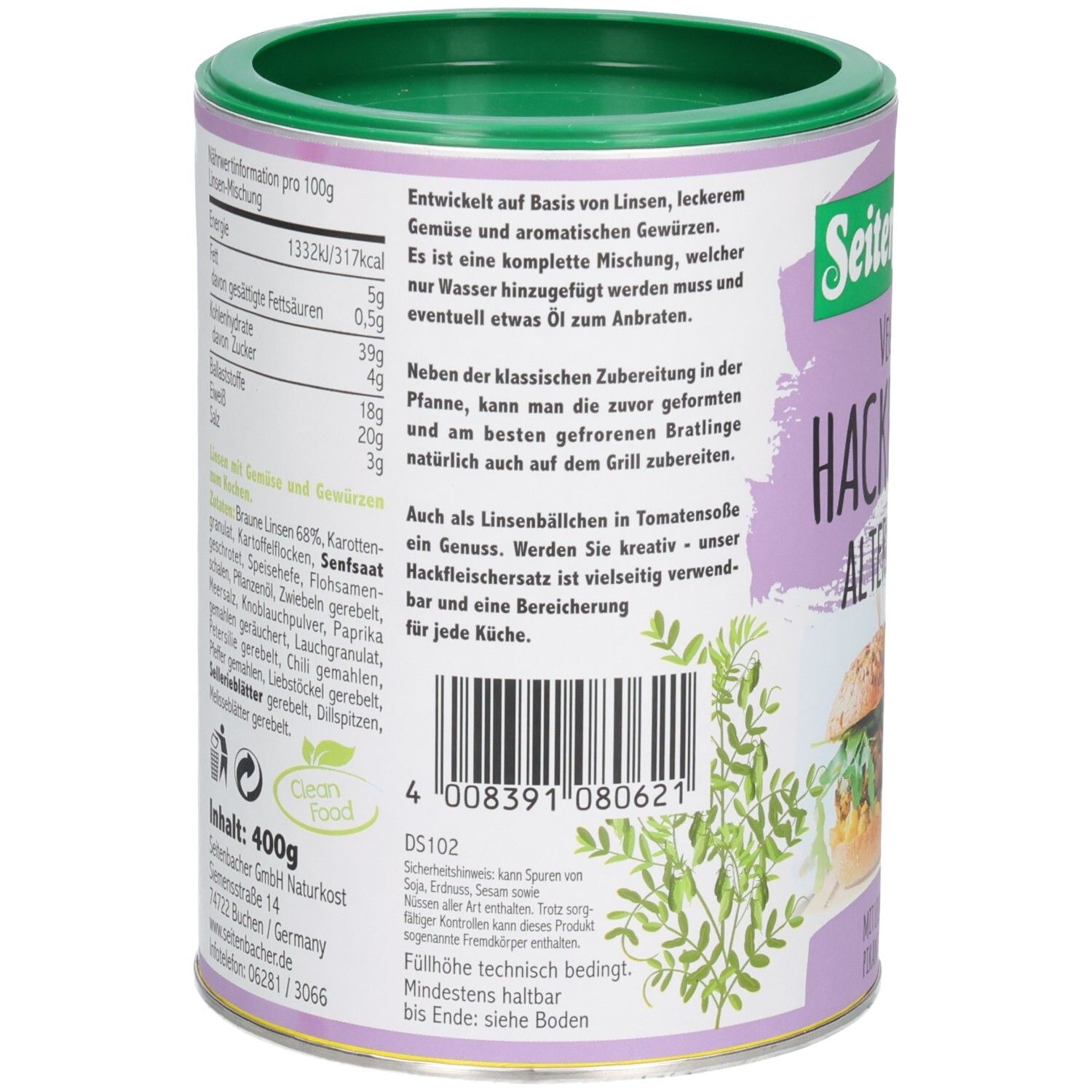 Dos de la boîte. Texte avec informations nutritionnelles et liste des ingrédients. Code-barres et label Clean Food. Adresse du fabricant.