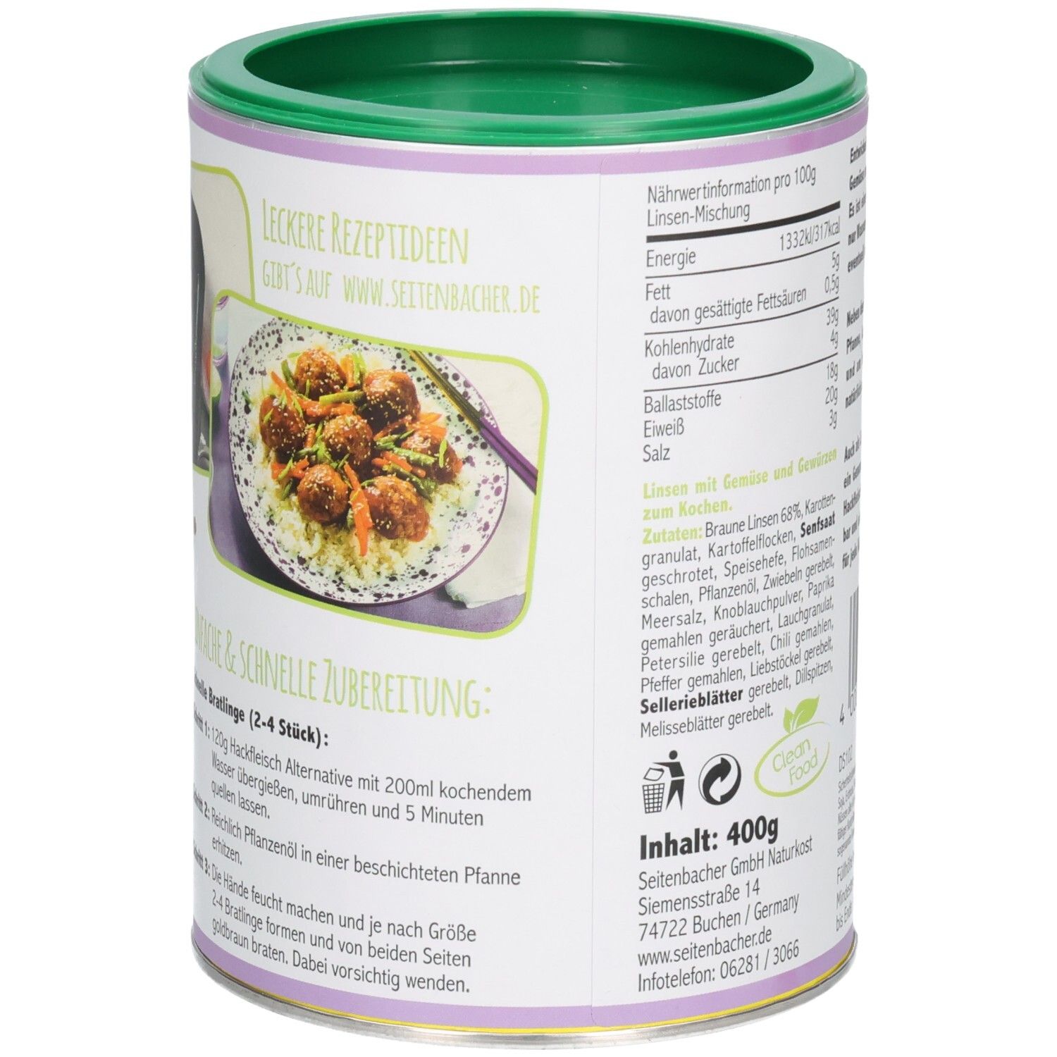 Boîte avec suggestions de recettes. Image de boulettes de lentilles et légumes. Informations nutritionnelles. Contenu: 400g. Adresse du fabricant.