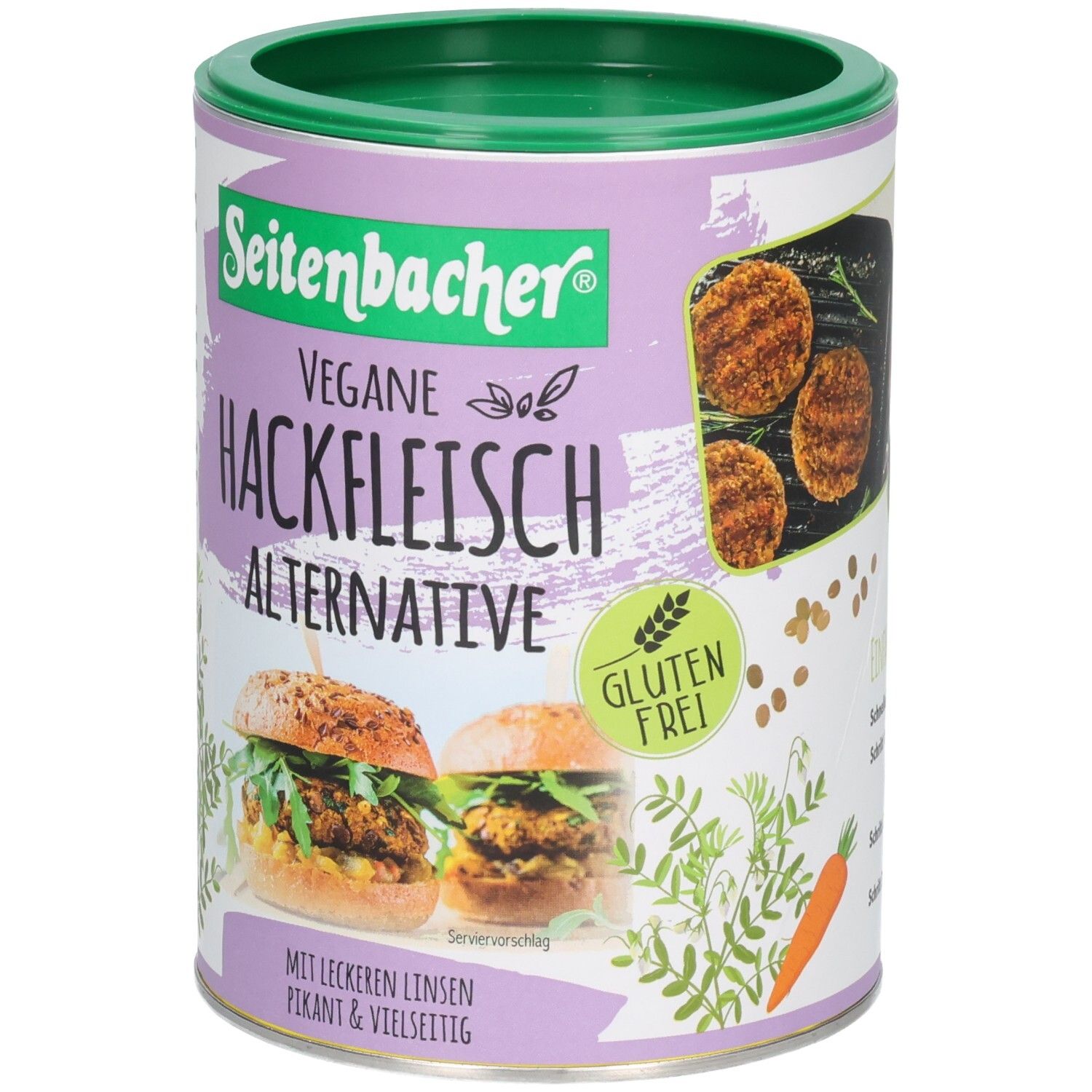 Boîte cylindrique avec couvercle vert. Inscription: Seitenbacher Vegan Hackfleisch Alternative. Label sans gluten. Image de burgers.