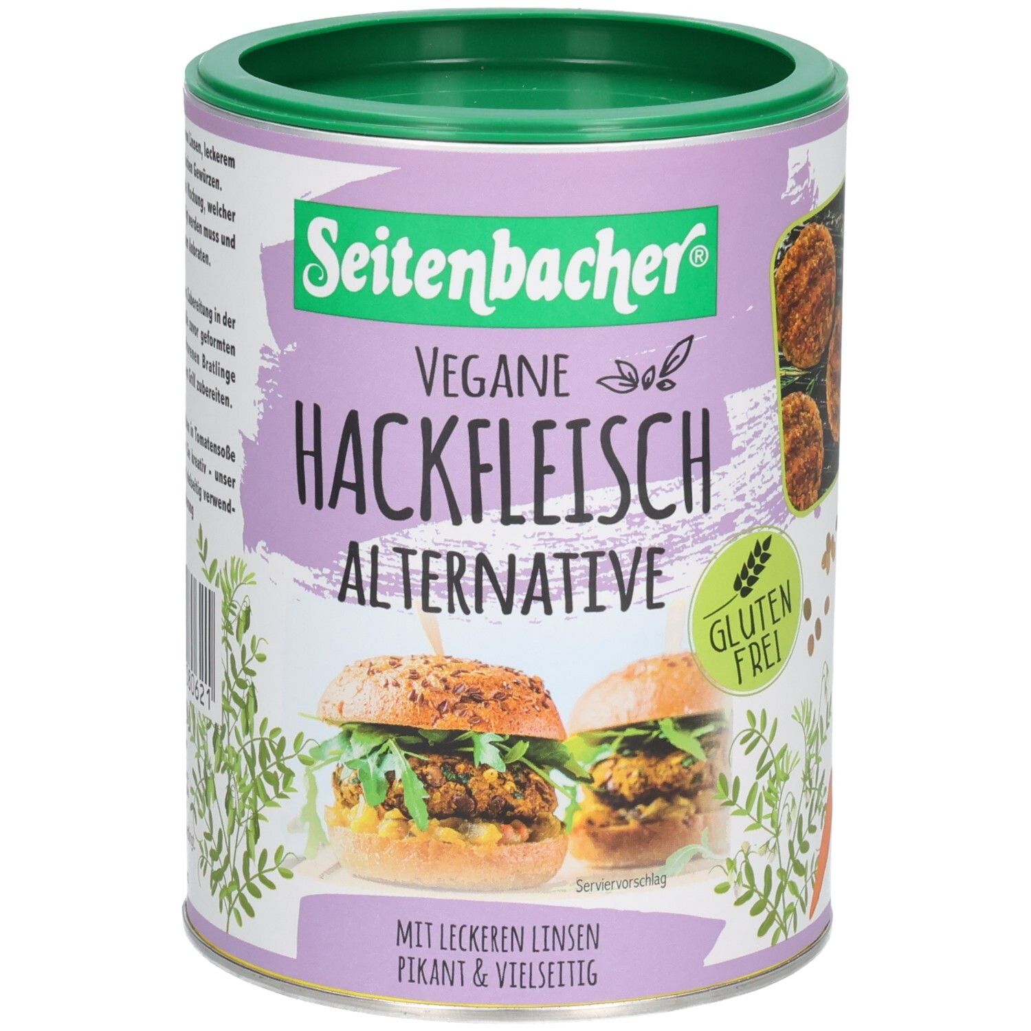 Boîte cylindrique avec couvercle vert. Inscription: Seitenbacher Vegan Hackfleisch Alternative. Label sans gluten. Image de burgers.