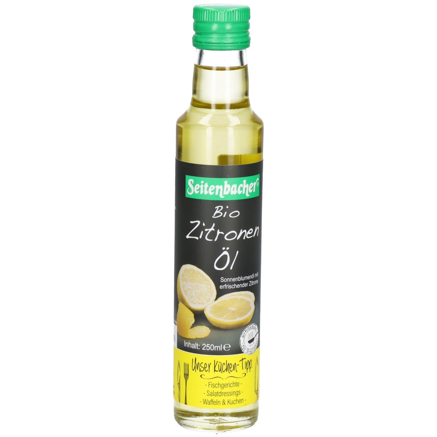 Glasflasche mit grünem Deckel. Etikett mit Produktname, Zitrone-Illustration und Logo. Fachgerechte Salatsauce.