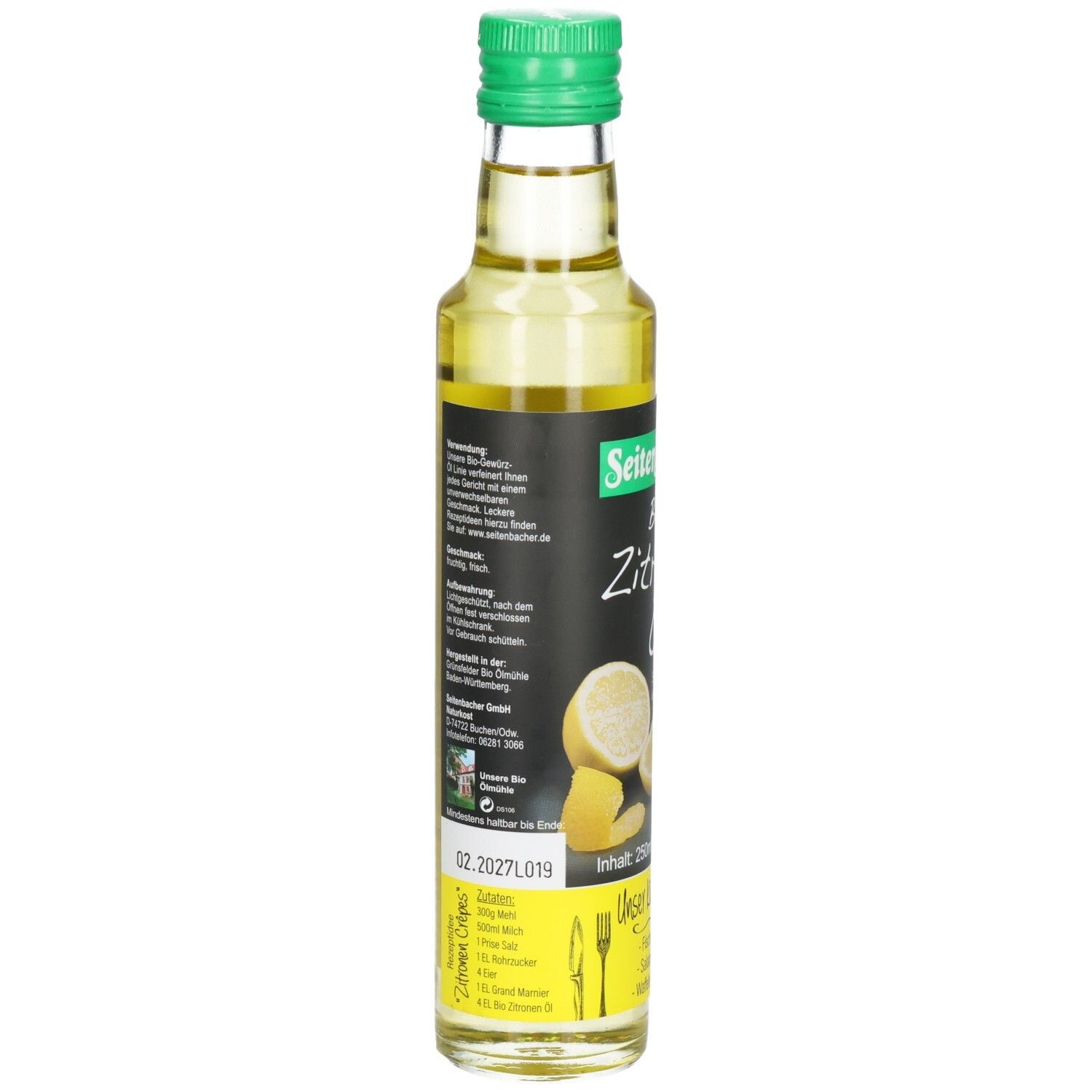 Rückseite der Glasflasche. Etikett mit Produktinformationen, Inhaltsstoffen und Mindesthaltbarkeitsdatum. Bio-Zertifizierung.