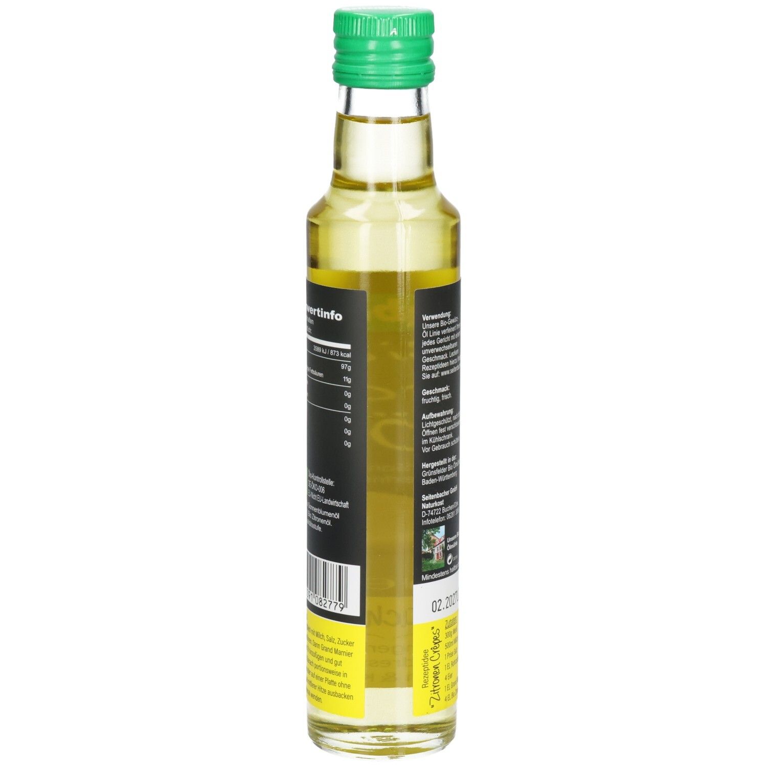 Rückansicht der Glasflasche. Etikett mit Nährwertangaben und Bio-Zertifizierung. Grüner Deckel.