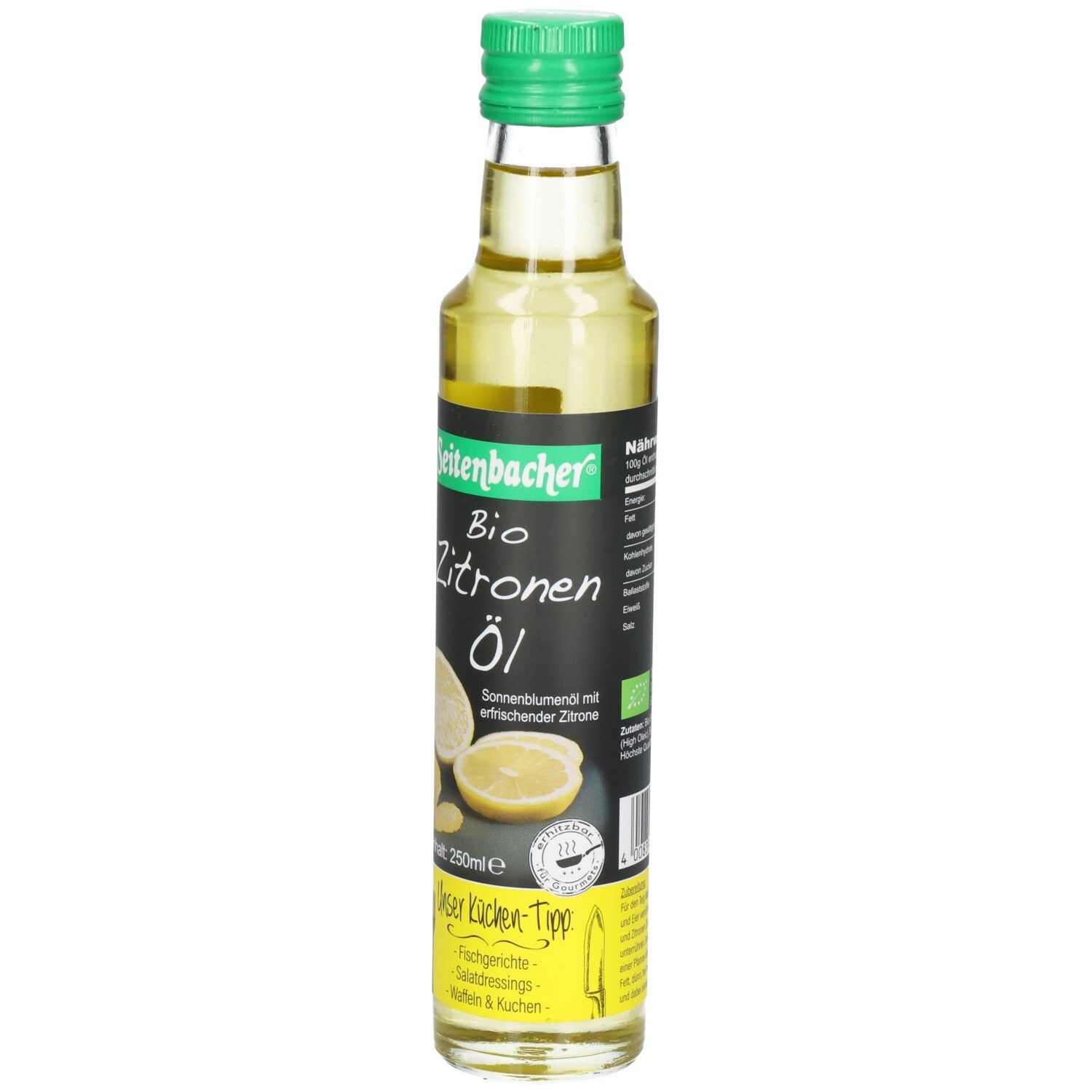 Glasflasche mit grünem Deckel. Etikett mit Produktname, Zitrone-Illustration und Logo. Fachgerechte Salatsauce.