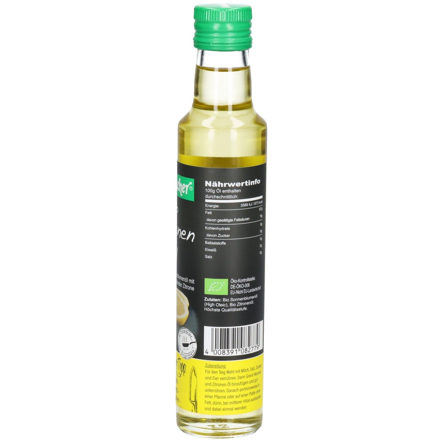 Rückseite der Glasflasche. Etikett mit Nährwertangaben, Bio-Zertifizierung und Barcode. Grüner Deckel.