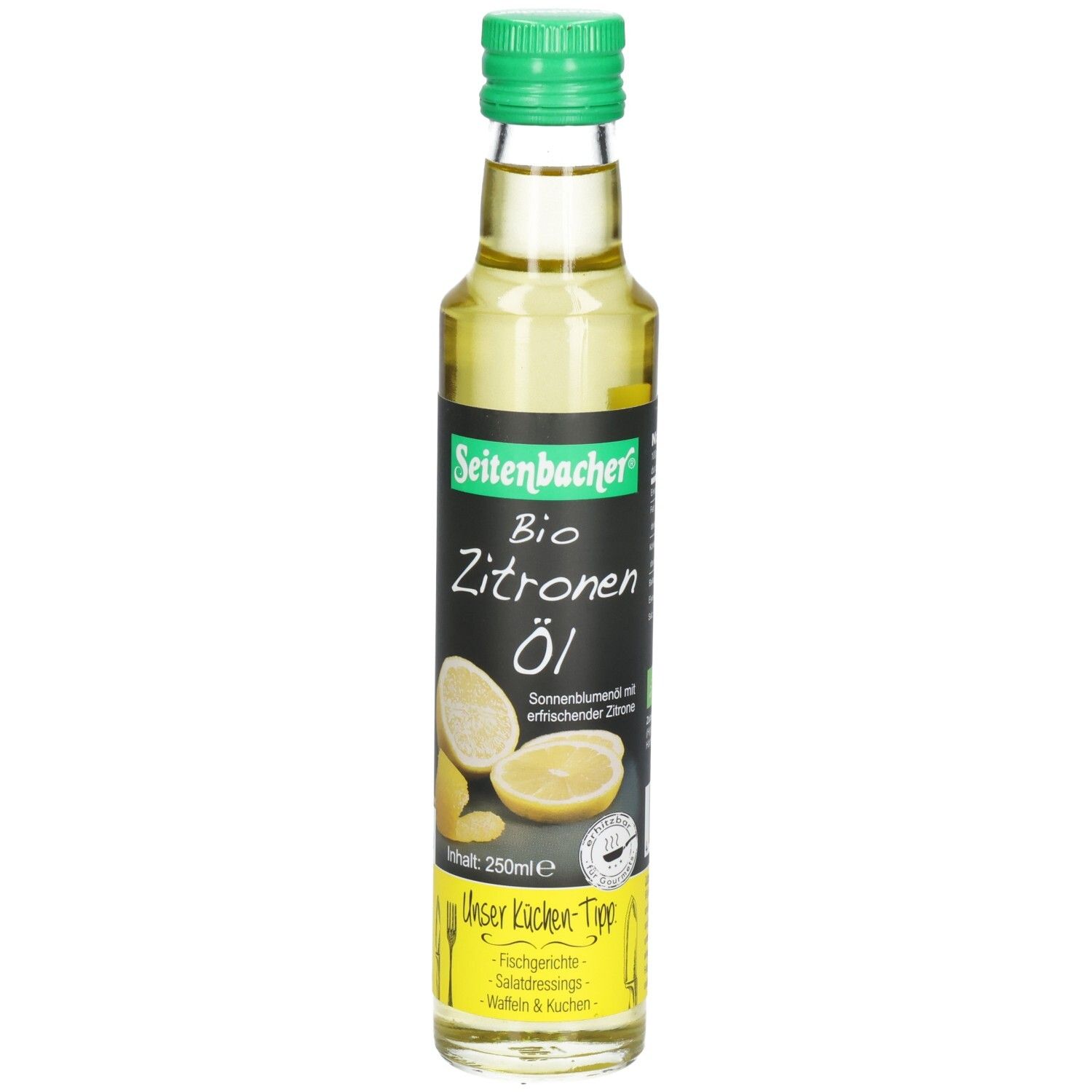 Glasflasche mit grünem Deckel. Etikett mit Produktname, Zitrone-Illustration und Logo. Fachgerechte Salatsauce.