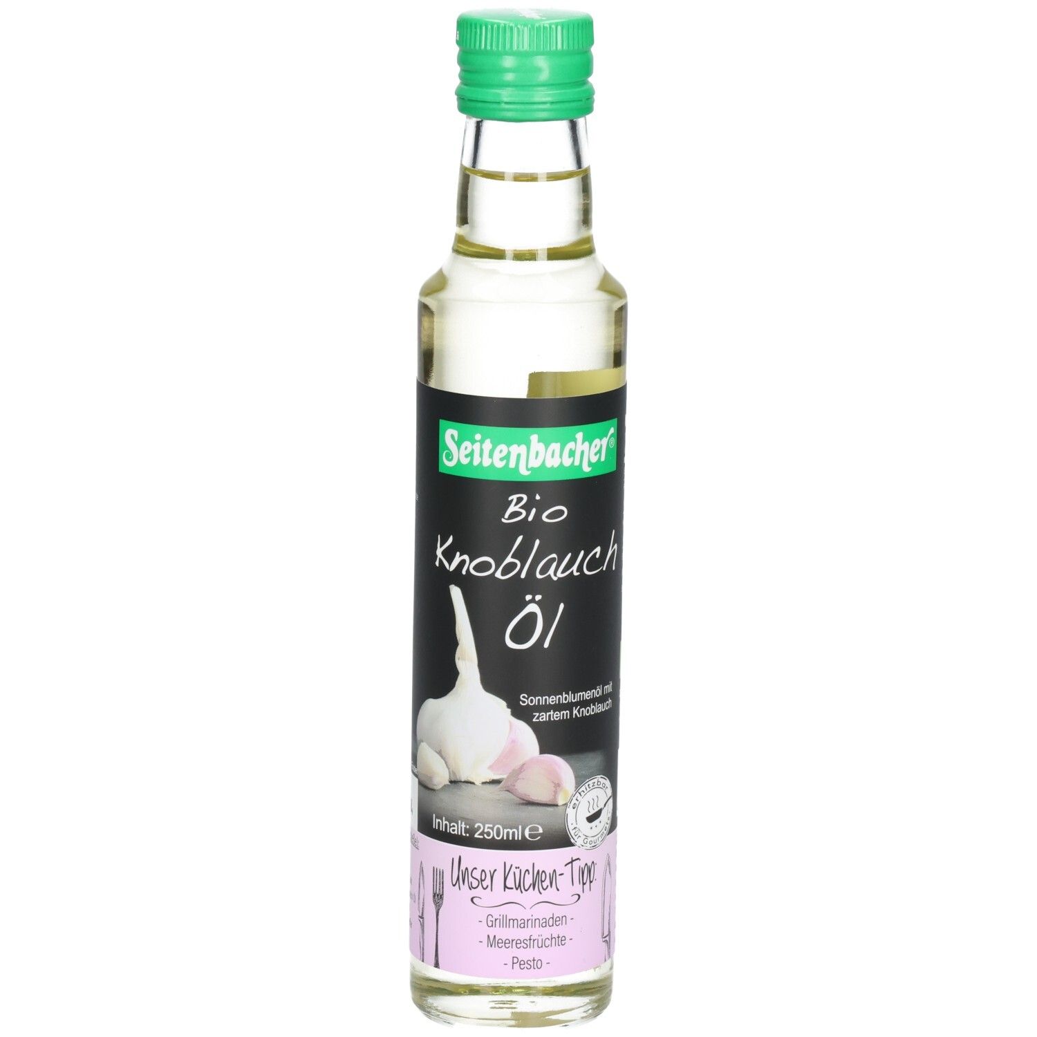 Glasflasche mit grünem Deckel. Etikett mit "Seitenbacher Bio Knoblauch Öl", Knoblauch-Illustration und Text. Inhalt: 250ml.