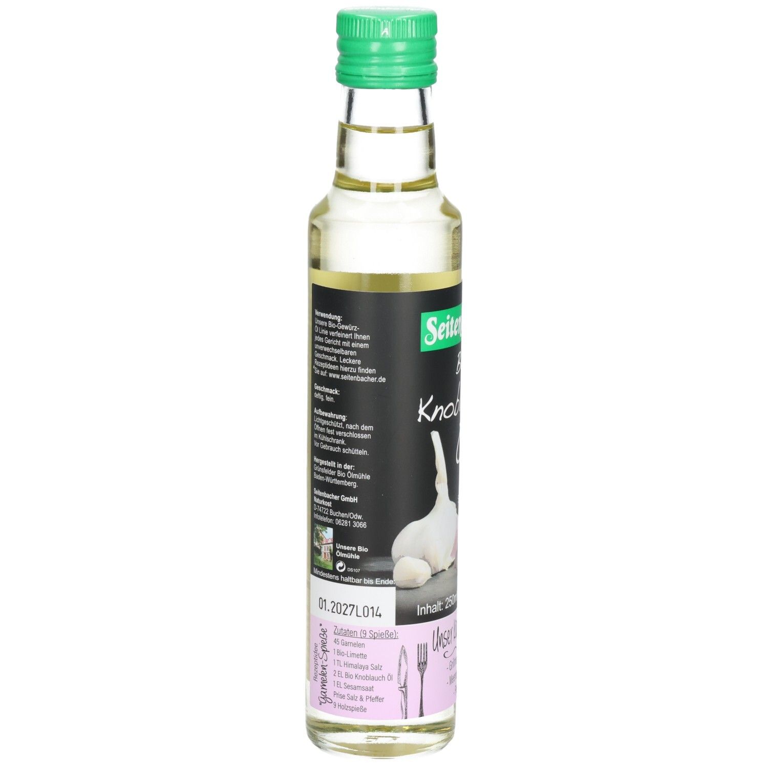 Rückansicht der Glasflasche mit grünem Deckel. Etikett mit Text und Informationen. Enthält Angaben zu Inhaltsstoffen und Hersteller.