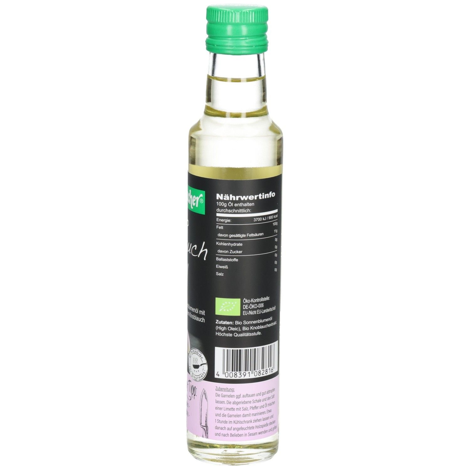 Seitenansicht der Glasflasche mit grünem Deckel. Etikett mit Nährwertinformationen und Herstellerangaben. Bio-Siegel sichtbar.
