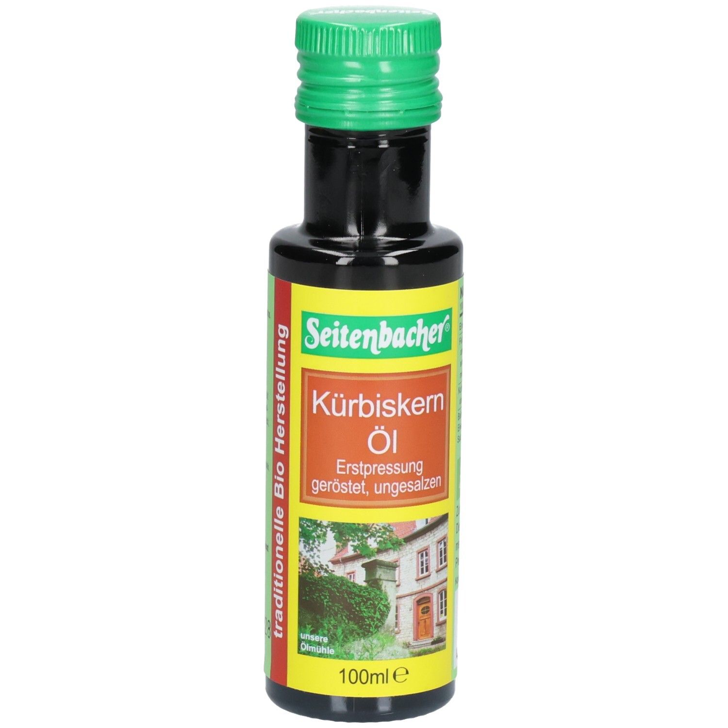 Bouteille en verre brun avec bouchon vert. Étiquette avec nom du produit et logo. "Bio Kürbiskern Öl" et "Seitenbacher" visibles.