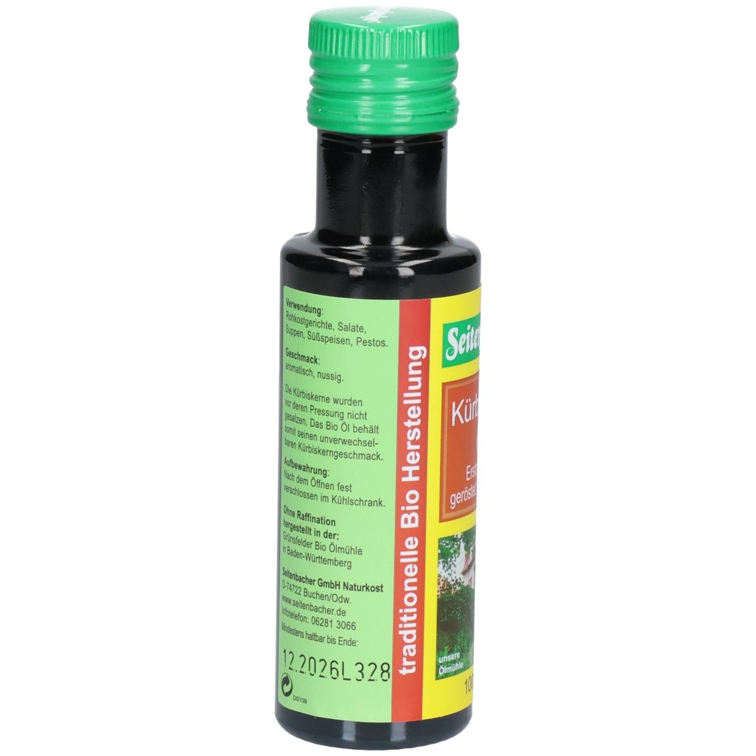 Bouteille en verre brun avec bouchon vert. Étiquette avec informations d'utilisation et ingrédients. Texte en allemand.