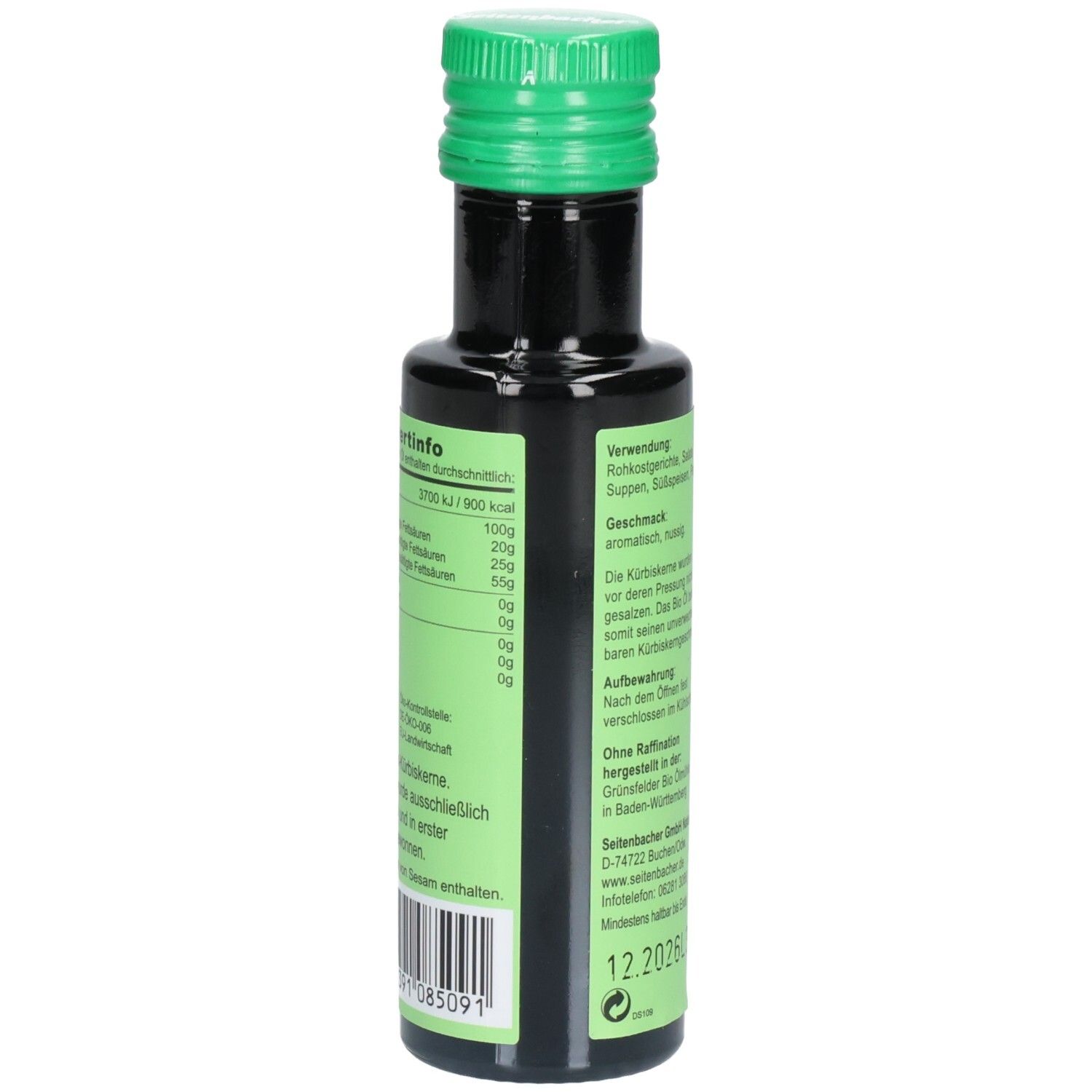 Bouteille en verre brun avec bouchon vert. Étiquette avec informations nutritionnelles et fabricant. Texte en allemand.