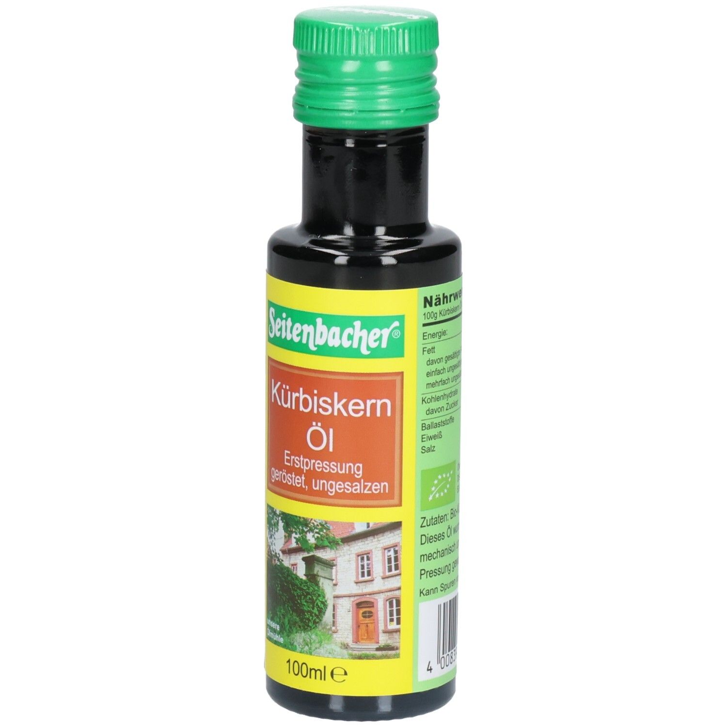 Bouteille en verre brun avec bouchon vert. Étiquette avec nom du produit et logo. "Bio Kürbiskern Öl" et "Seitenbacher" visibles.