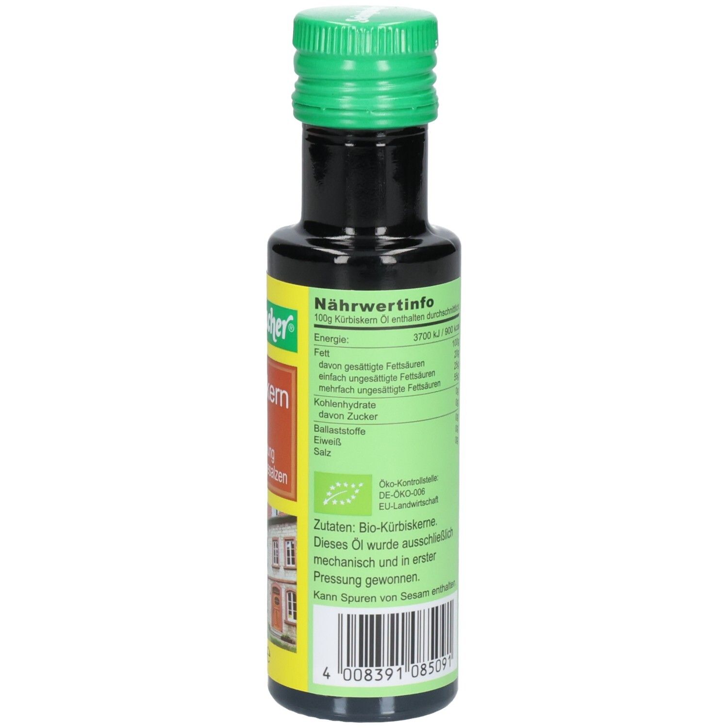 Bouteille en verre brun avec bouchon vert. Étiquette avec informations nutritionnelles et label bio. Texte en allemand.