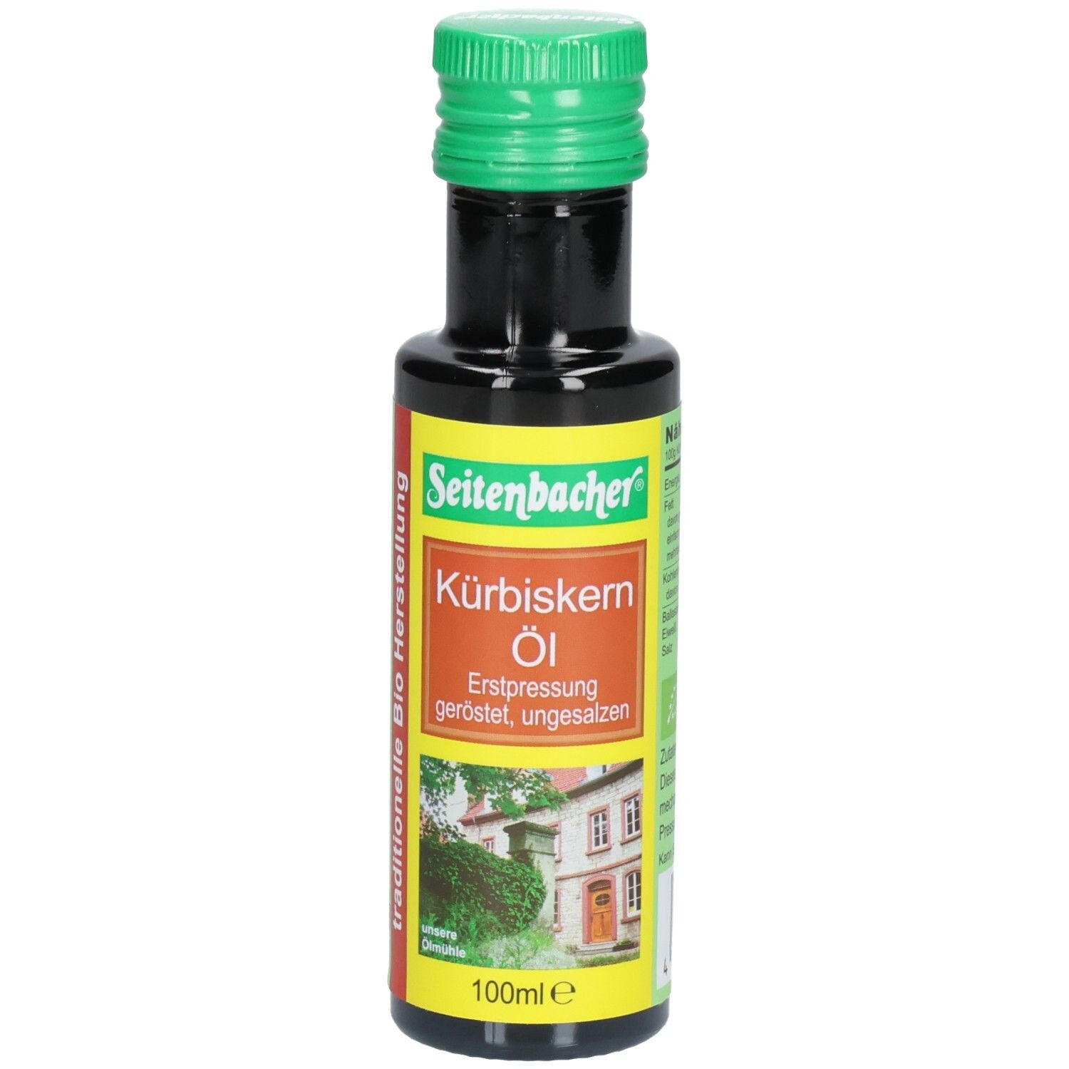 Bouteille en verre brun avec bouchon vert. Étiquette avec nom du produit et logo. "Bio Kürbiskern Öl" et "Seitenbacher" visibles.
