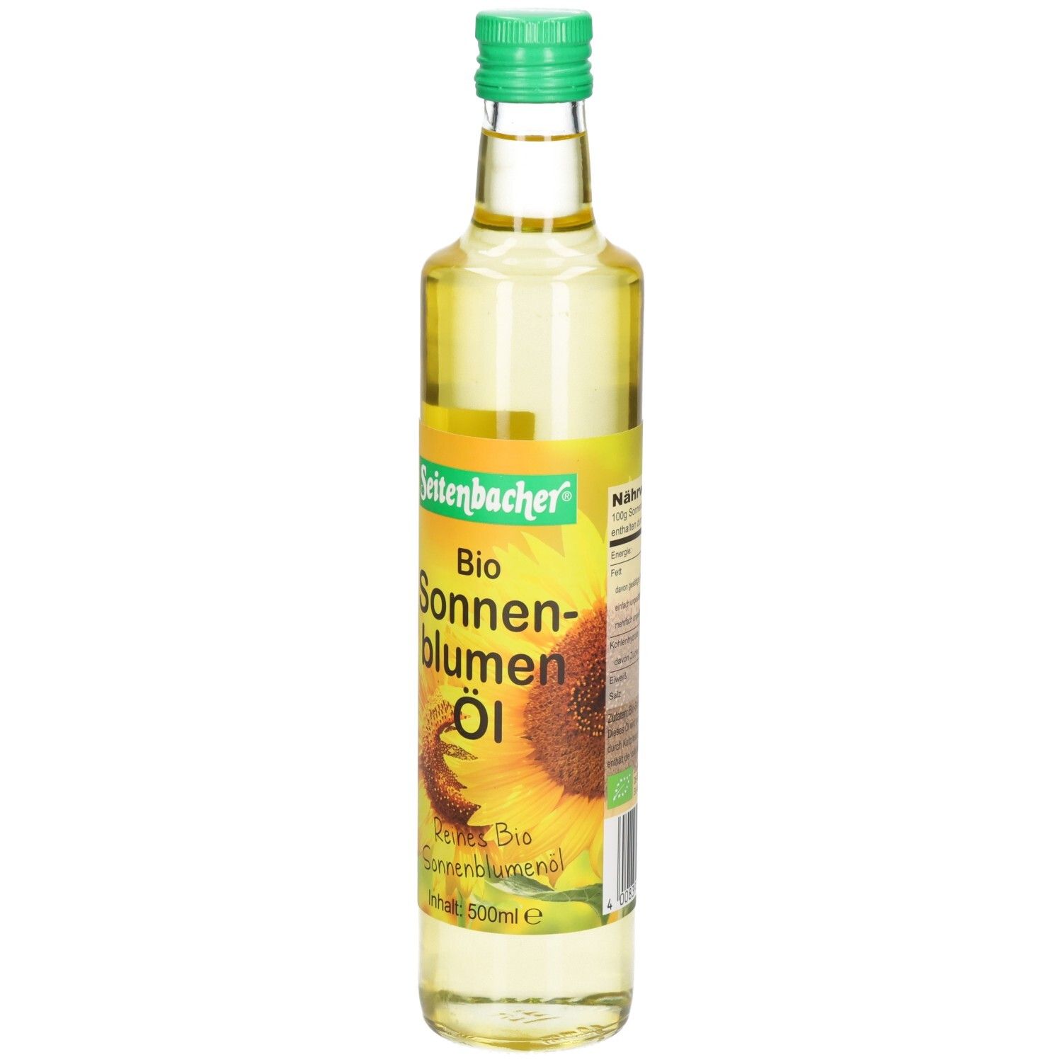 Glasflasche mit grünem Deckel. Etikett mit "Seitenbacher Bio Sonnenblumen Öl" und Sonnenblumen-Illustration.