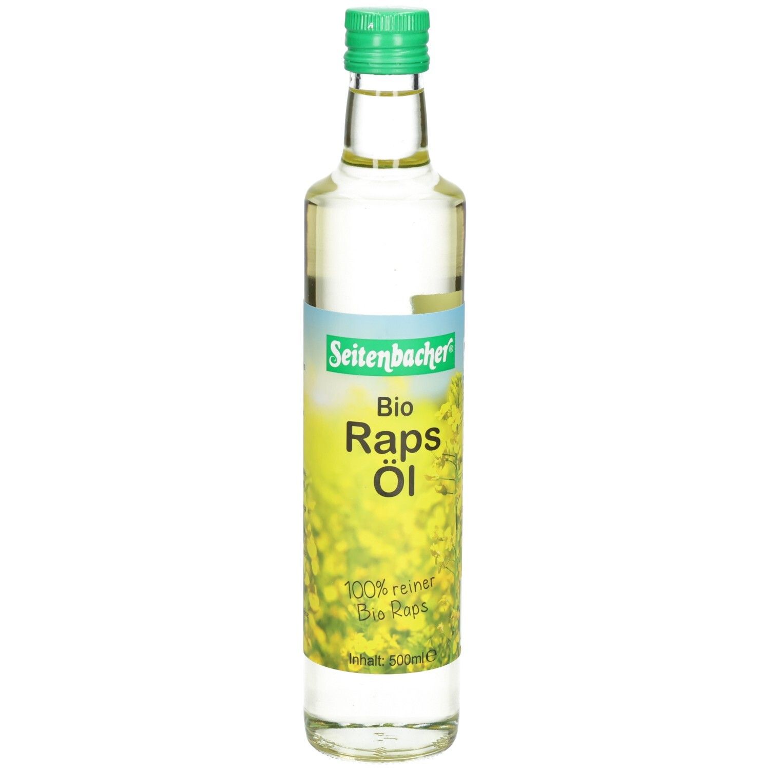 Klare Glasflasche mit grünem Deckel. Etikett mit "Seitenbacher Bio Raps Öl". Hintergrund mit gelben Blüten.