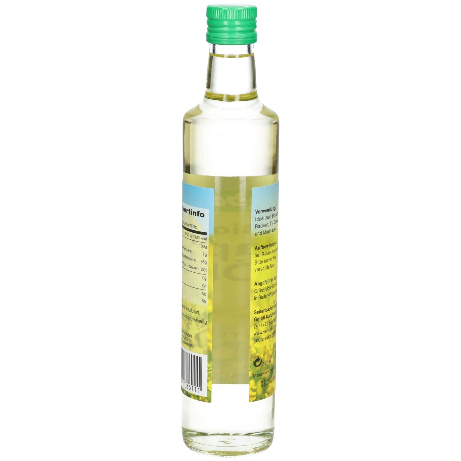Glasflasche mit grünem Deckel. Rückseite mit Nährwertinformationen und Barcode. Etikett mit gelben Blüten.