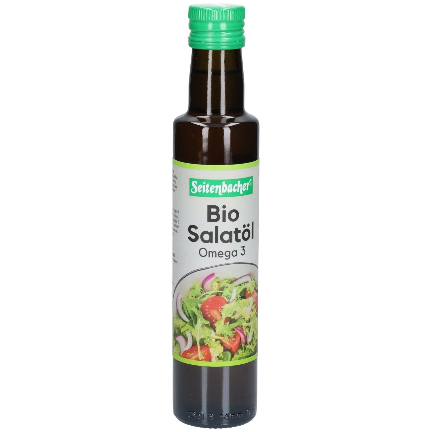 Bouteille en verre brun avec bouchon vert. Étiquette avec nom du produit : Bio Salatöl Omega 3. Illustration de salade.