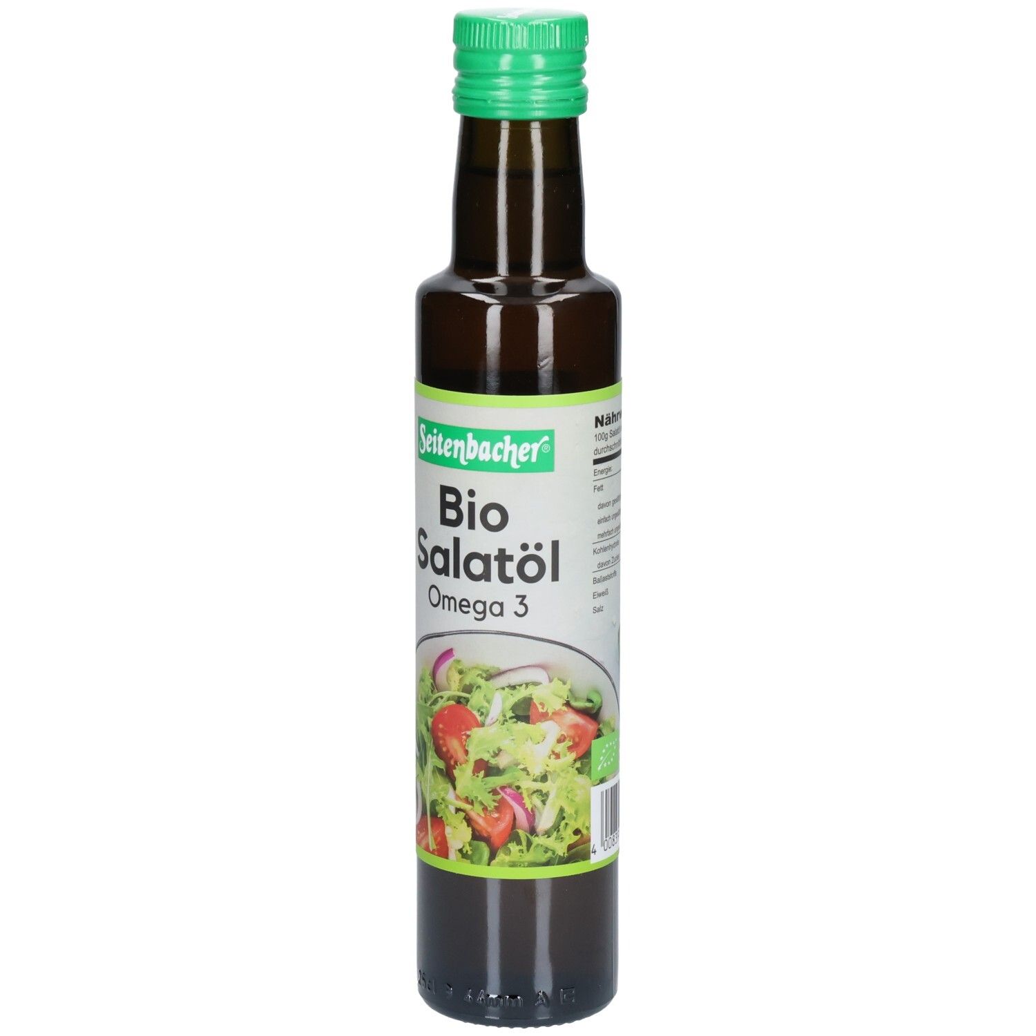 Bouteille en verre brun avec bouchon vert. Étiquette avec nom du produit : Bio Salatöl Omega 3. Illustration de salade.