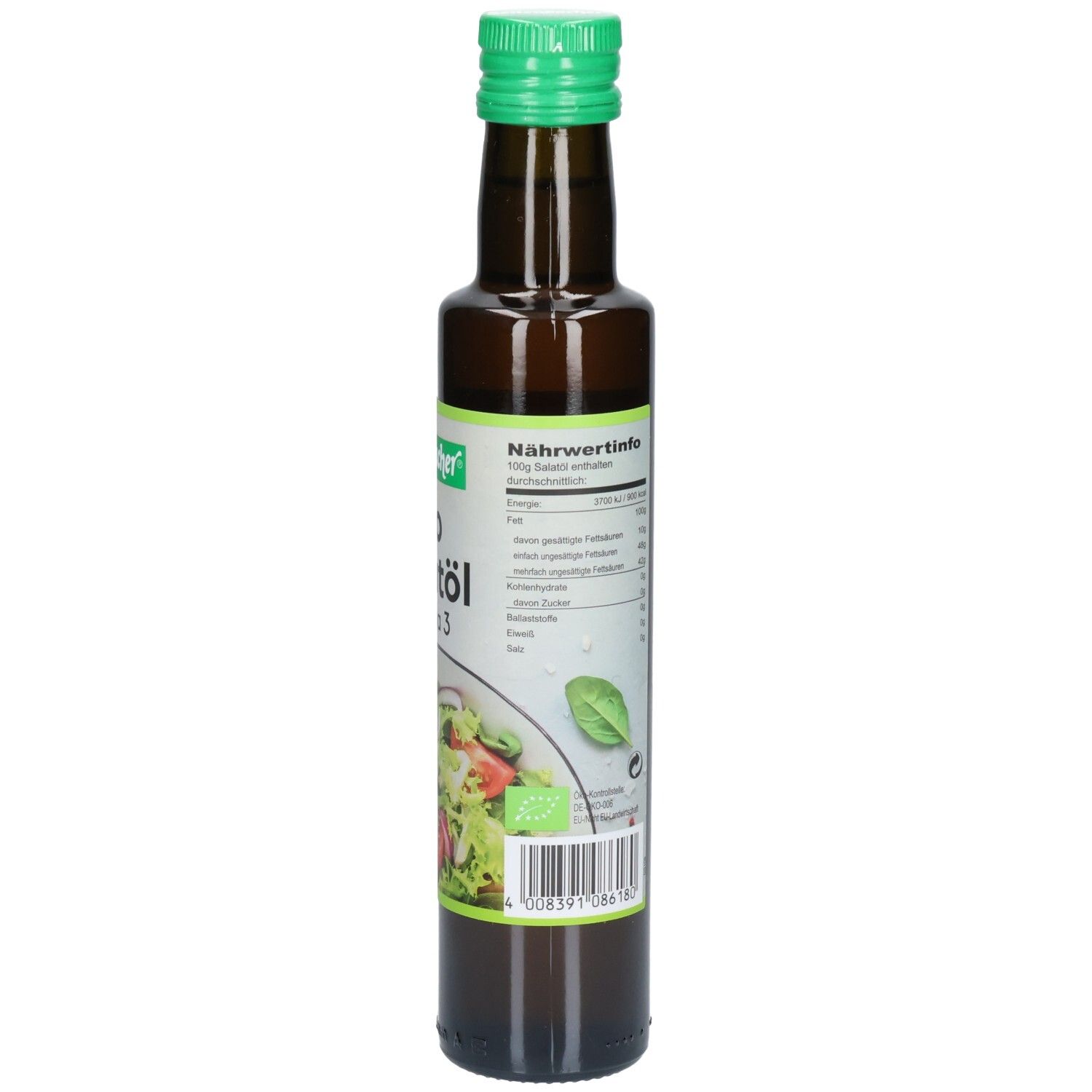 Bouteille en verre brun avec bouchon vert. Étiquette avec informations nutritionnelles. Illustration de salade.