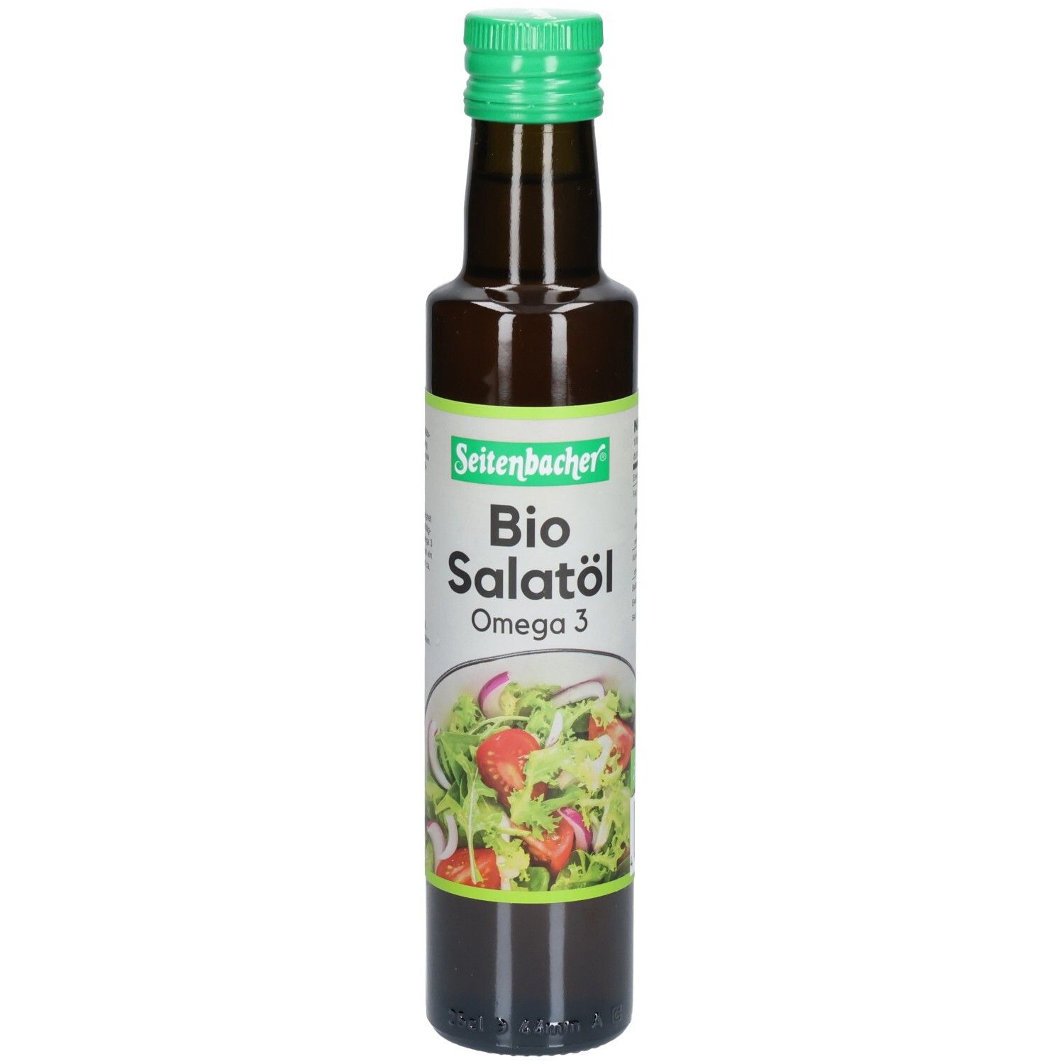 Bouteille en verre brun avec bouchon vert. Étiquette avec nom du produit : Bio Salatöl Omega 3. Illustration de salade.