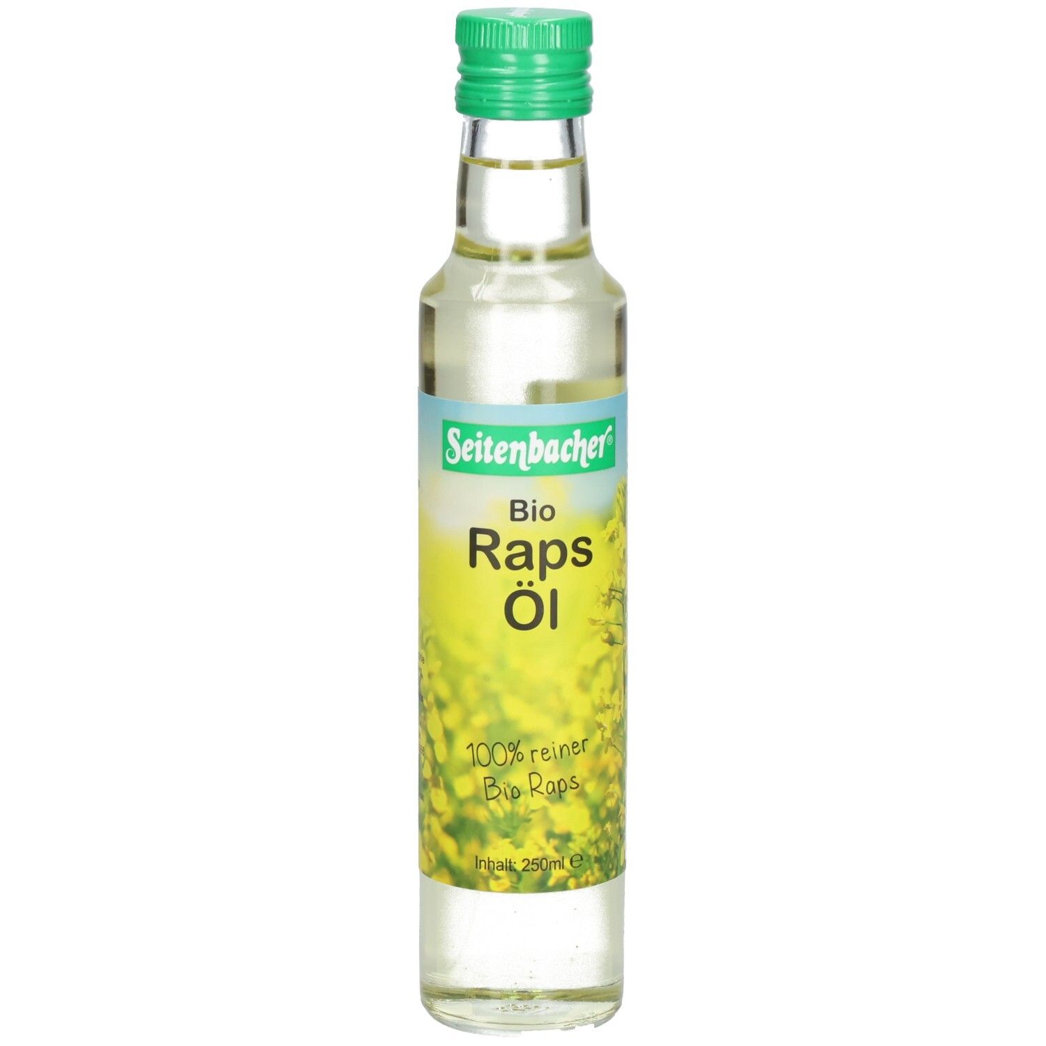 Klare Glasflasche mit grünem Deckel. Etikett mit "Seitenbacher Bio Raps Öl" und gelbem Blumenmuster.
