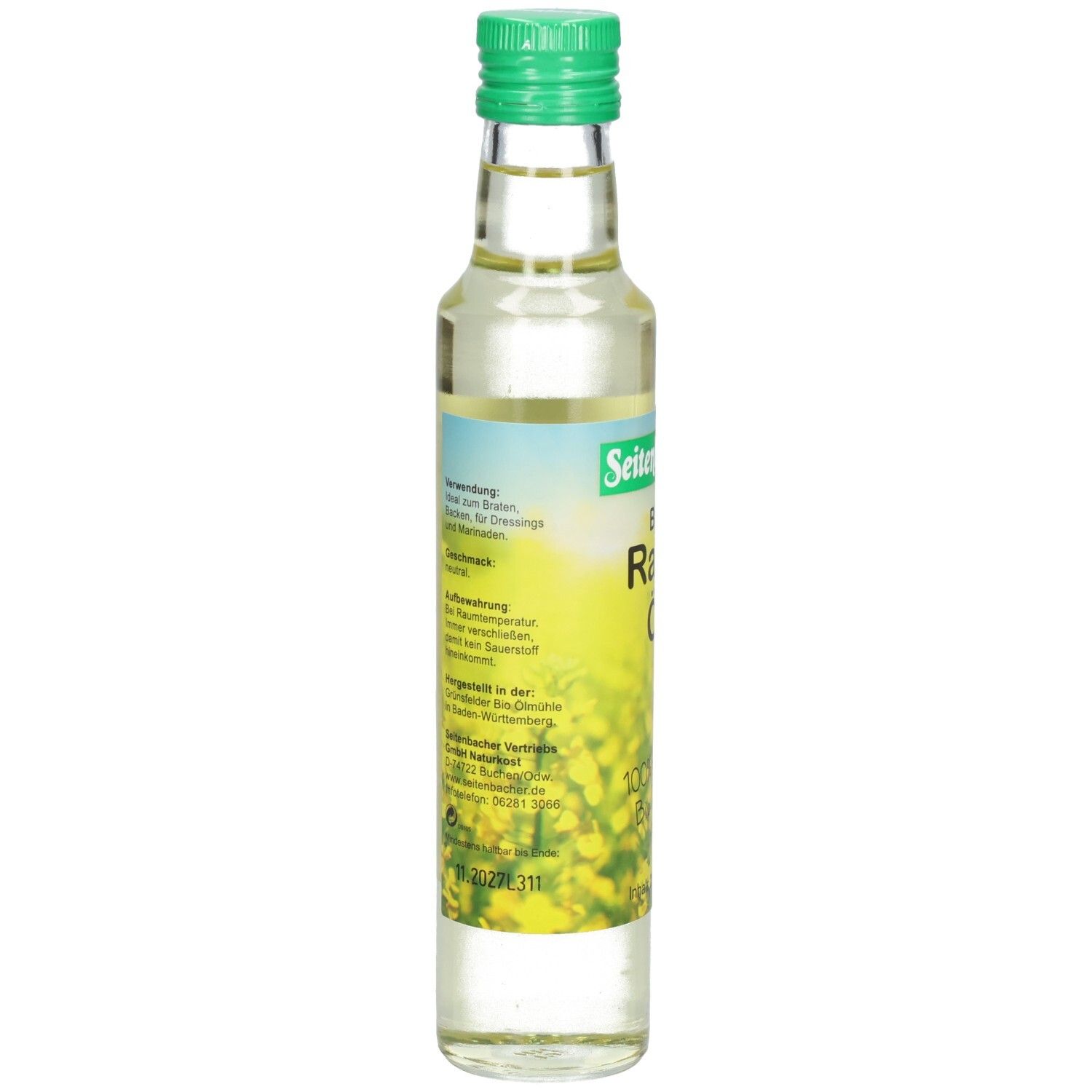 Rückansicht der Ölflasche. Etikett mit Text, darunter Informationen zur Anwendung und Inhaltsstoffen.