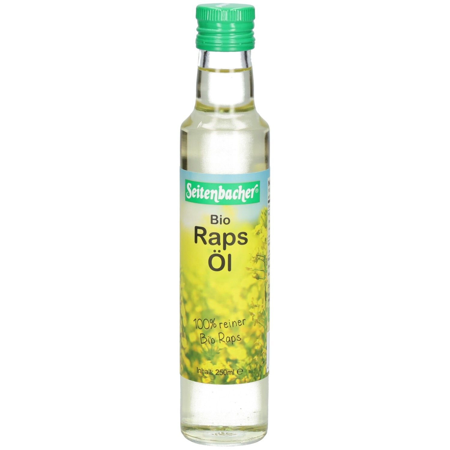 Klare Glasflasche mit grünem Deckel. Etikett mit "Seitenbacher Bio Raps Öl" und gelbem Blumenmuster.