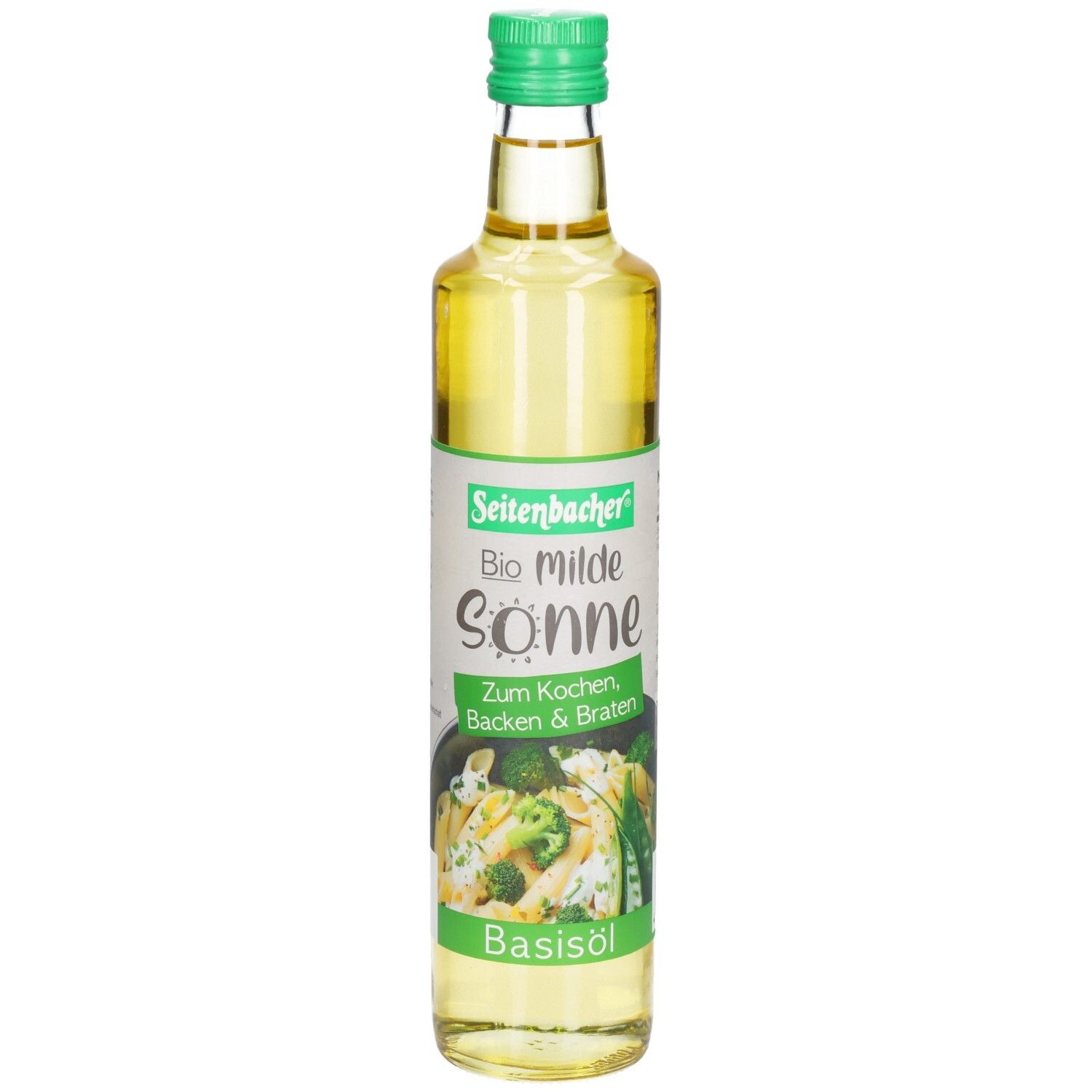 Bouteille en verre avec bouchon vert. Étiquette avec nom du produit et image de légumes. Huile de base.