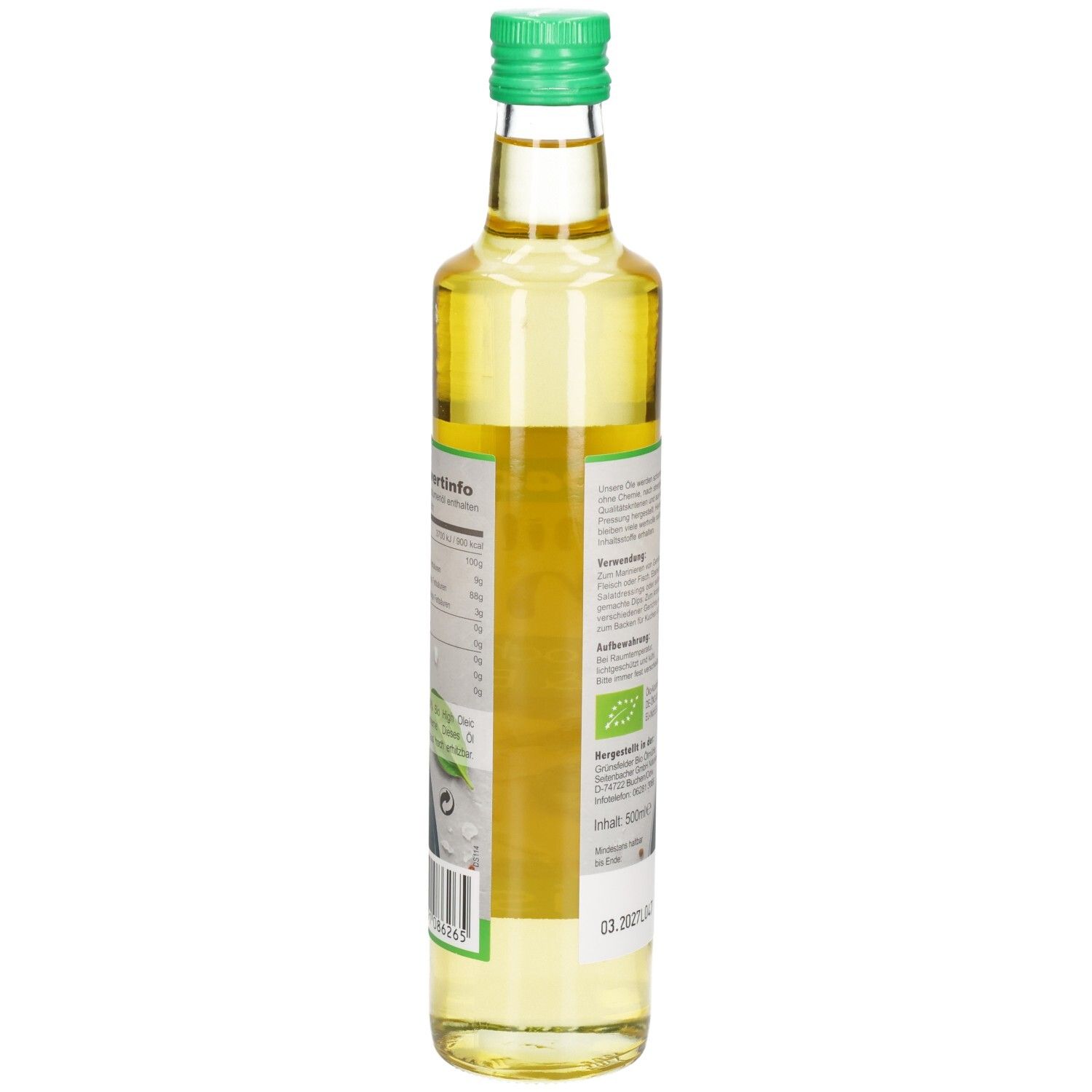 Bouteille en verre avec bouchon vert. Étiquette avec informations nutritionnelles et label bio. Huile de base.