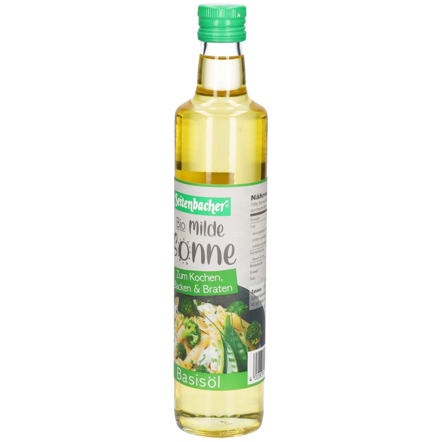 Bouteille en verre avec bouchon vert. Étiquette avec nom du produit et image de légumes. Huile de base.