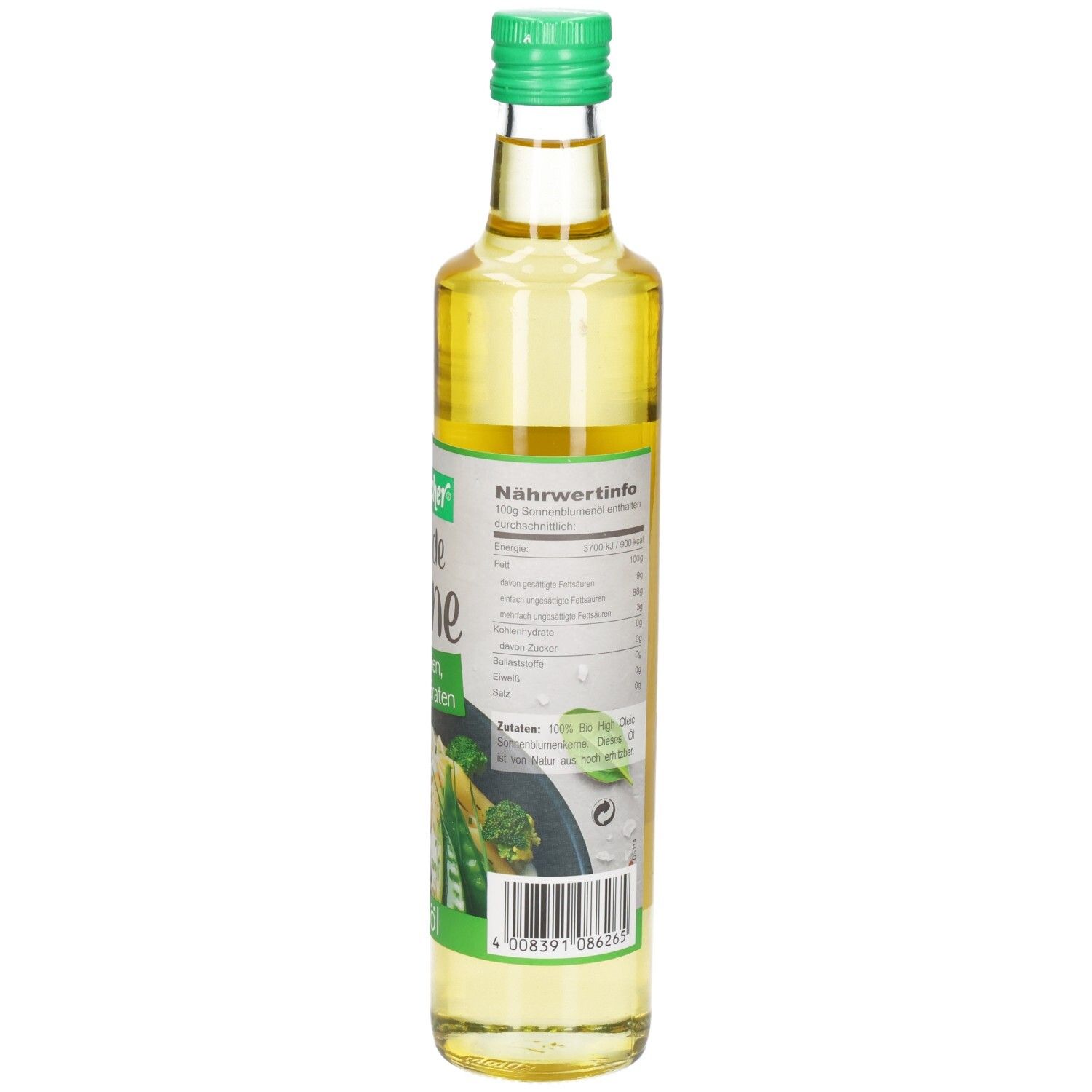 Bouteille en verre avec bouchon vert. Étiquette avec informations nutritionnelles. Huile de base.