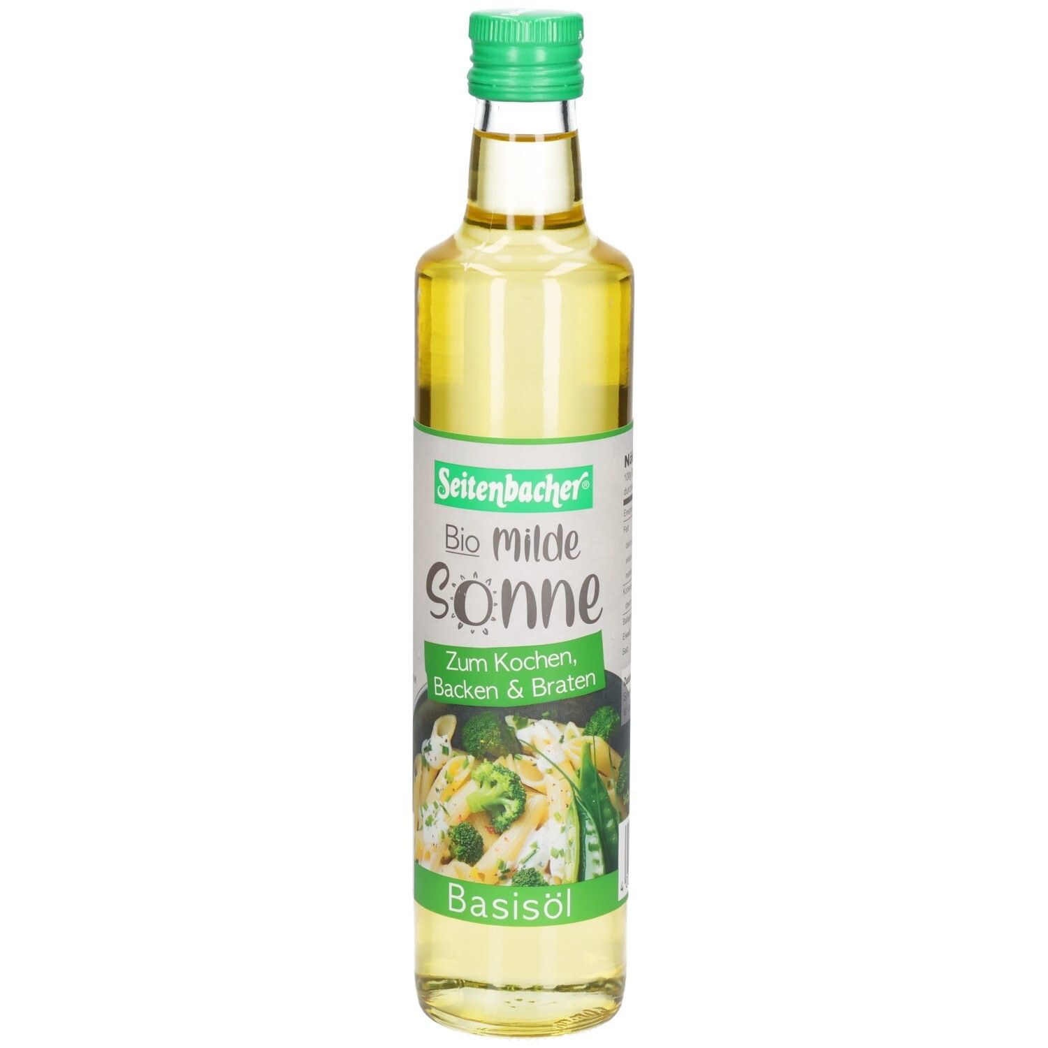 Bouteille en verre avec bouchon vert. Étiquette avec nom du produit et image de légumes. Huile de base.