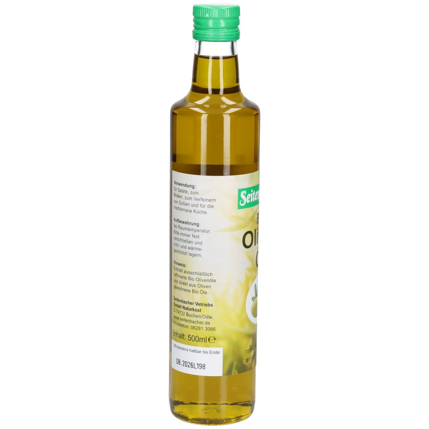 Rückseite der grünen Glasflasche. Textinformationen und Etikett. Aufschrift: Seitenbacher Bio Oliven Öl.