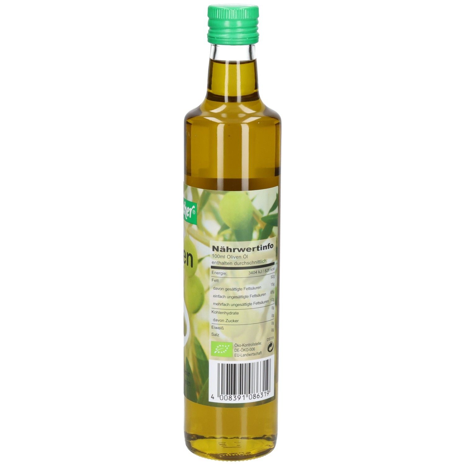 Rückseite der grünen Glasflasche. Nährwertinformationen und Etikett. Aufschrift: Seitenbacher Bio Oliven Öl.