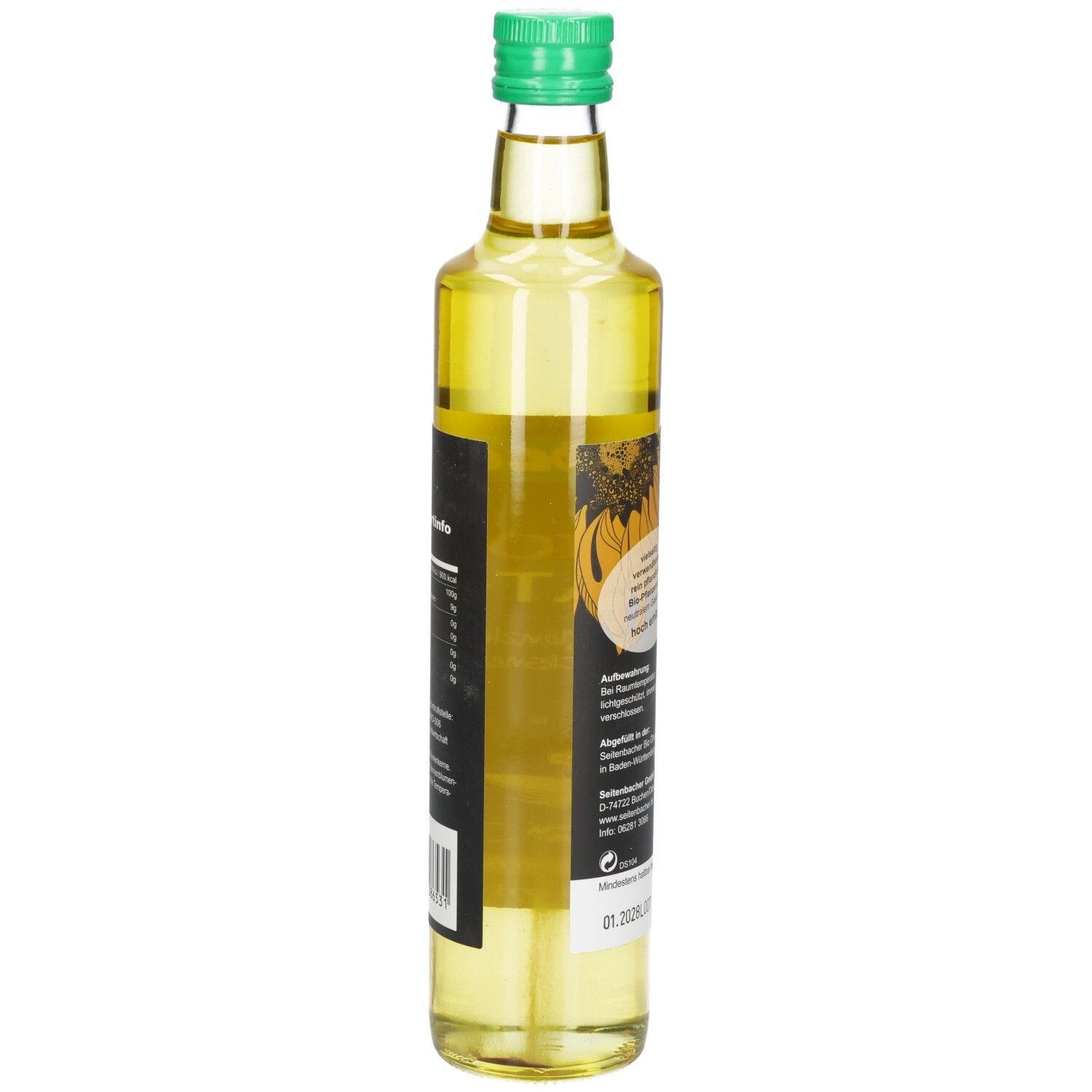 Bouteille en verre à bouchon vert. Vue latérale avec texte et illustration de tournesol. Étiquette avec code-barres.