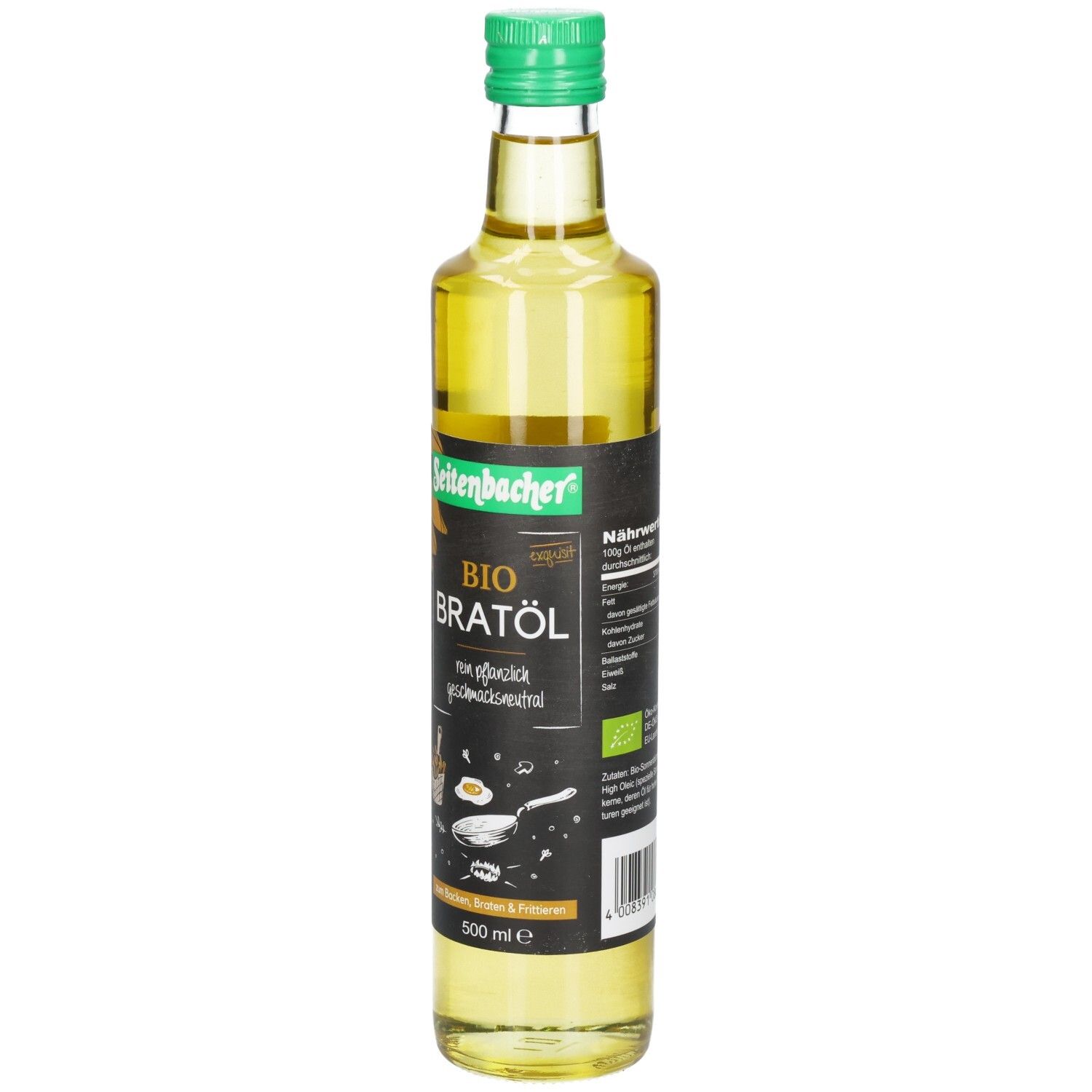 Bouteille en verre à bouchon vert. Inscription: BIO BRATÖL, neutre en goût. Illustration de tournesol. 500 ml.