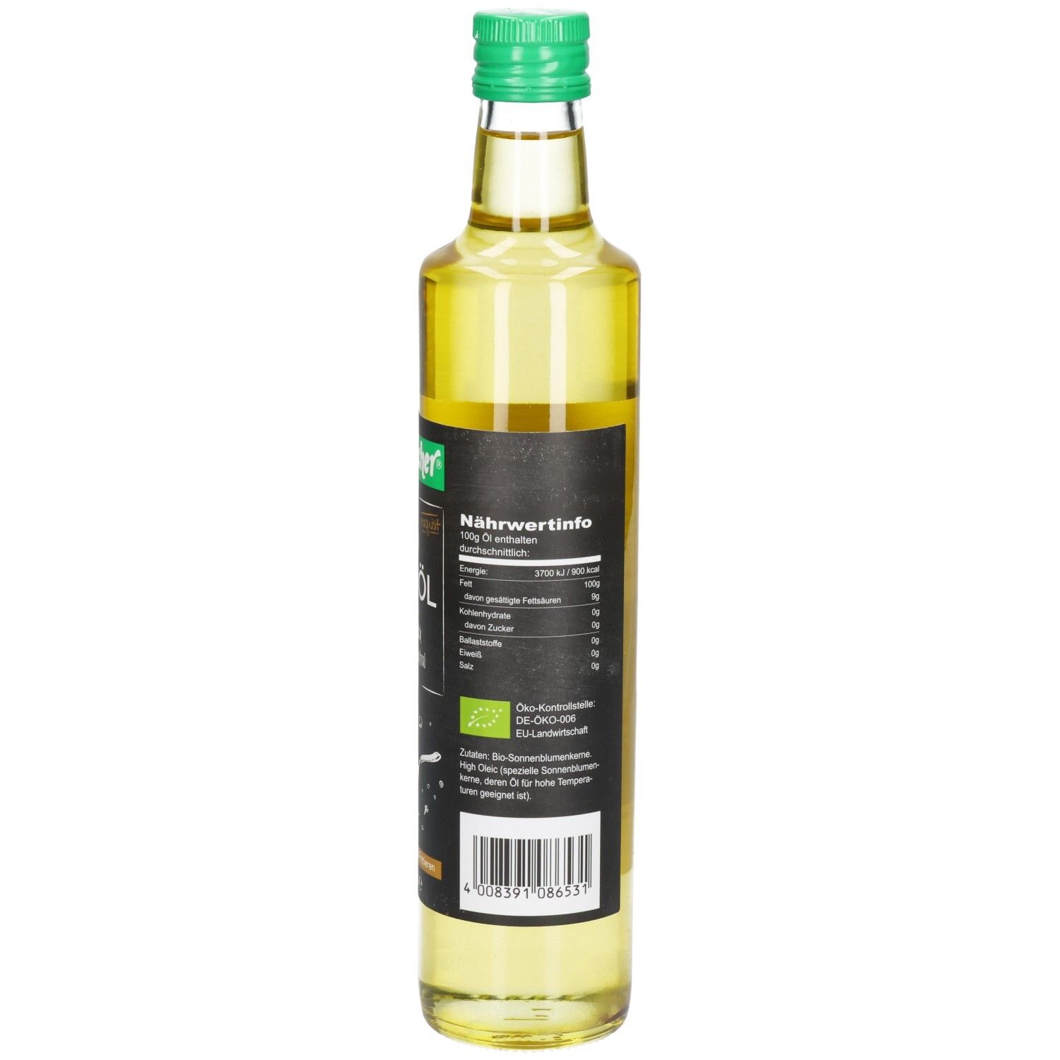 Bouteille en verre à bouchon vert. Dos avec informations nutritionnelles et texte. Label bio.