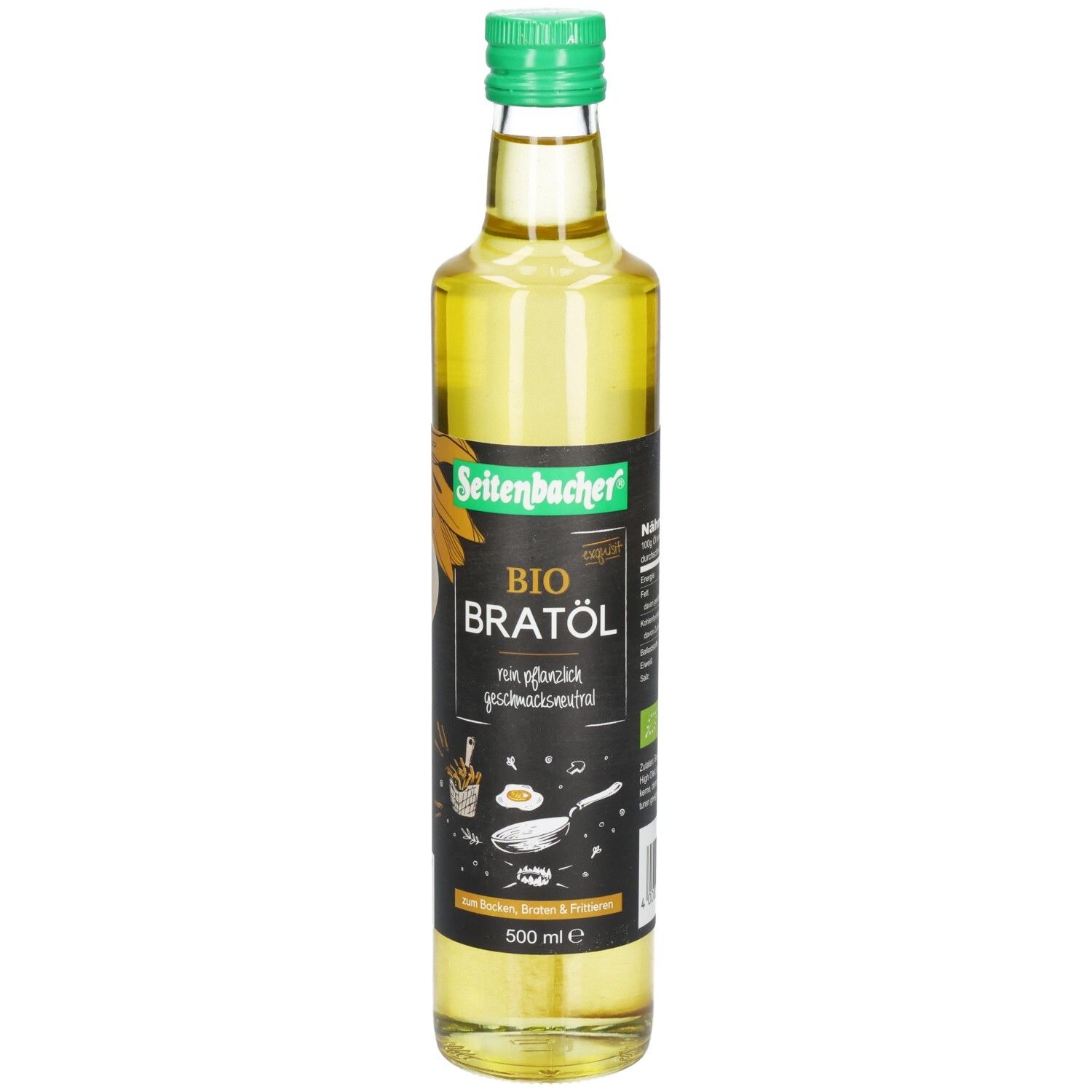 Bouteille en verre à bouchon vert. Inscription: BIO BRATÖL, neutre en goût. Illustration de tournesol. 500 ml.