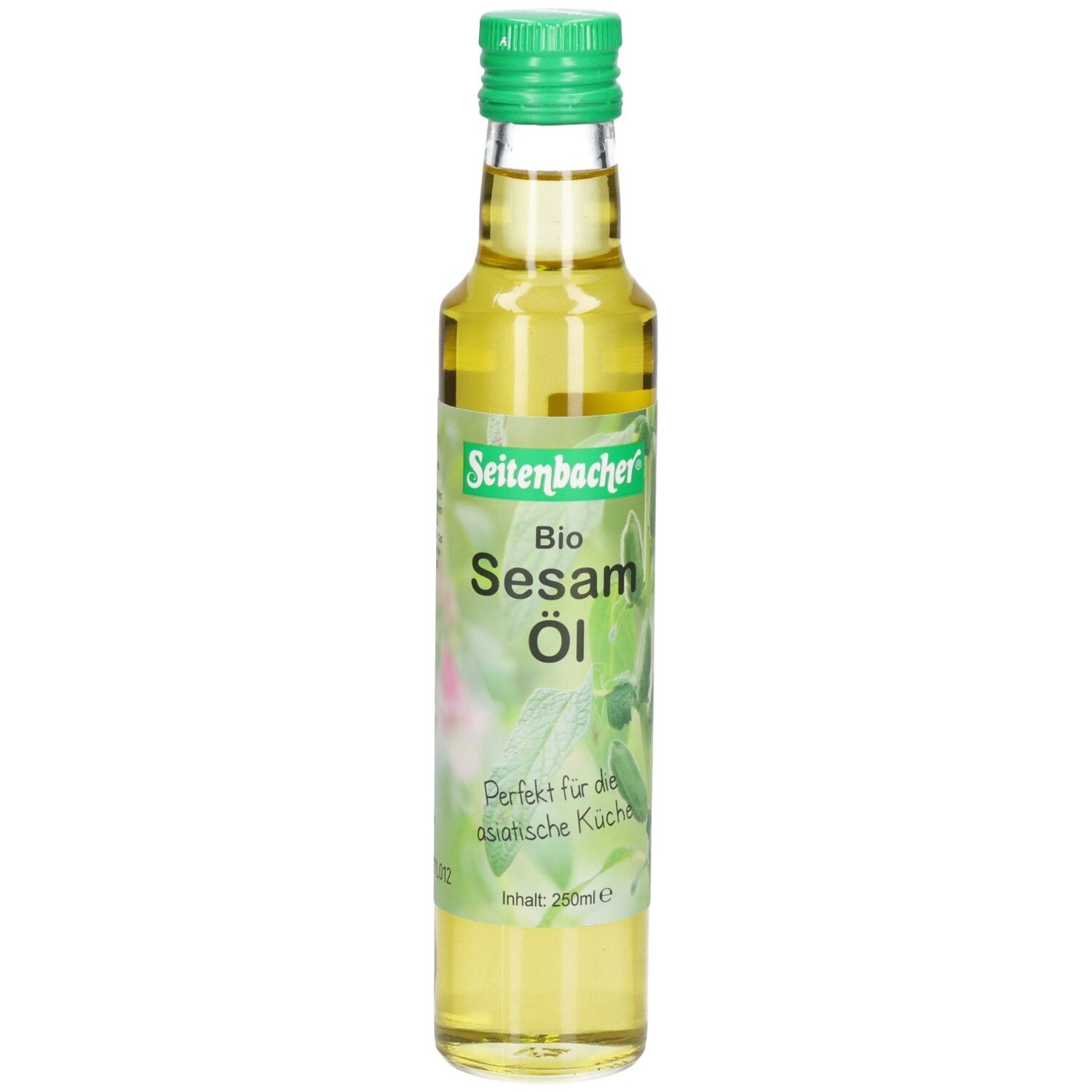 Bouteille en verre avec bouchon vert. Étiquette "Seitenbacher Bio Sesam Öl".
