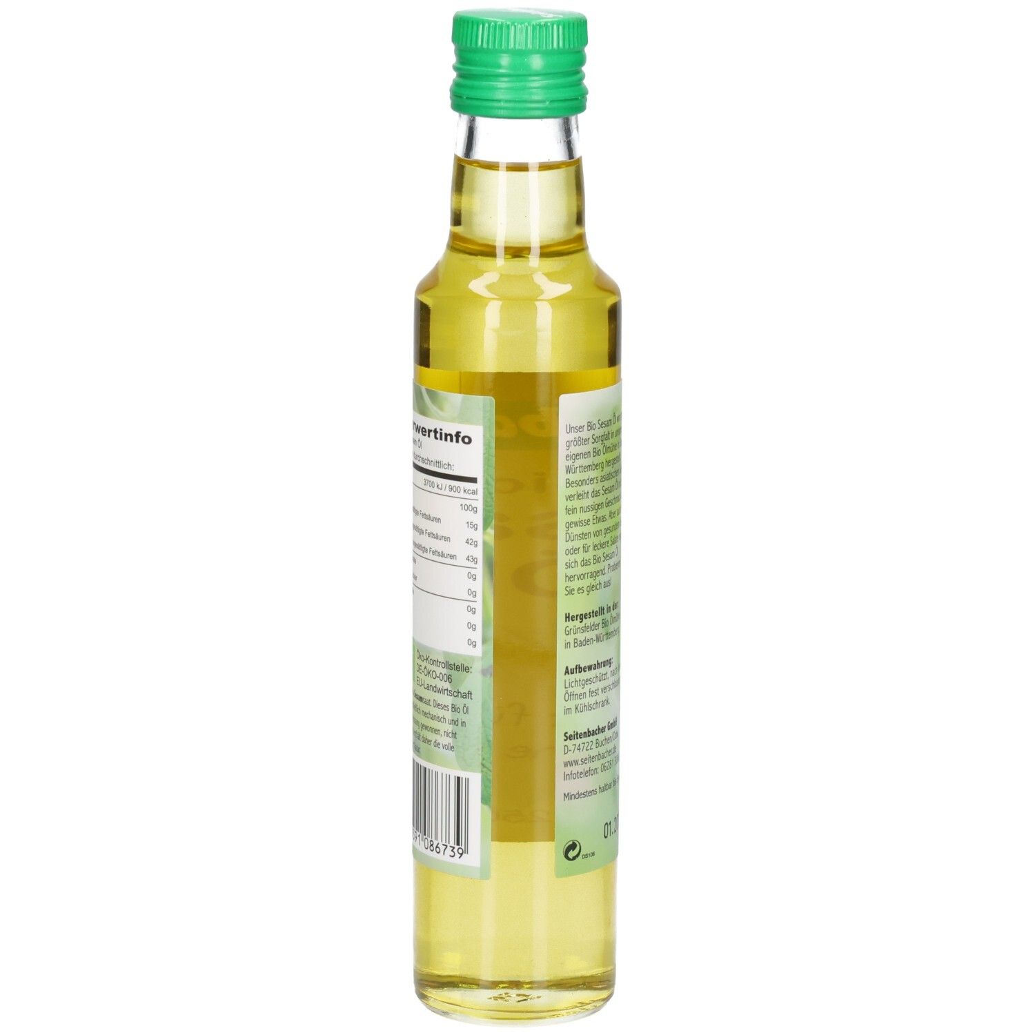 Vue arrière de la bouteille en verre. Étiquette avec informations nutritionnelles et texte.