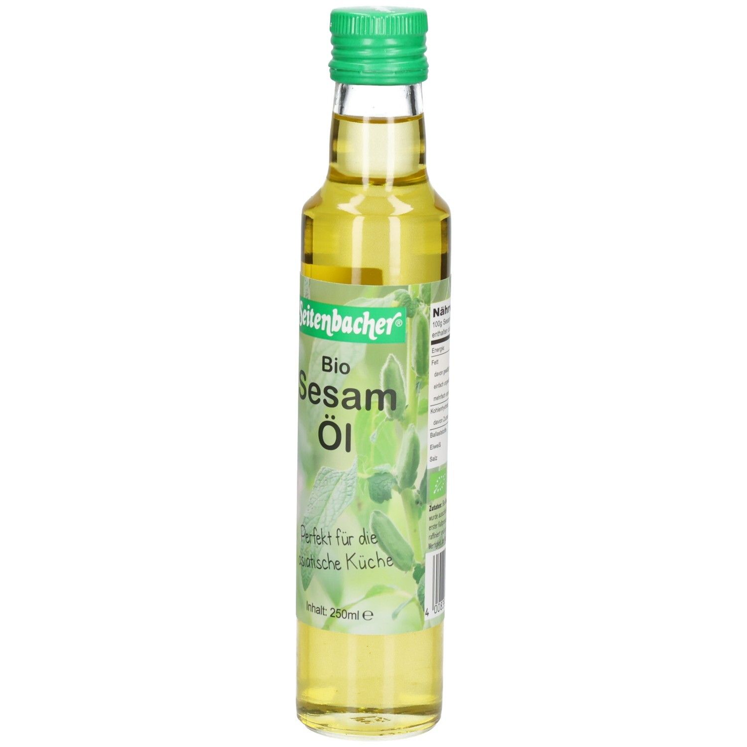 Bouteille en verre avec bouchon vert. Étiquette "Seitenbacher Bio Sesam Öl".