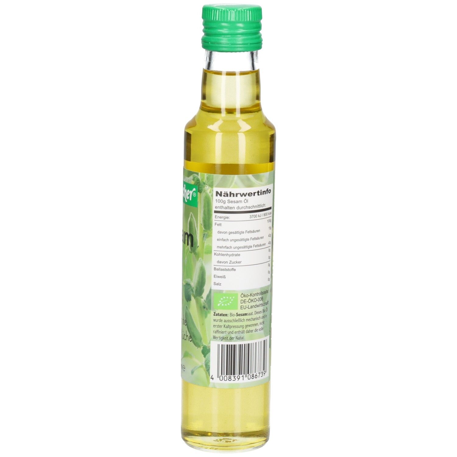 Vue arrière de la bouteille en verre. Étiquette avec informations nutritionnelles et texte.