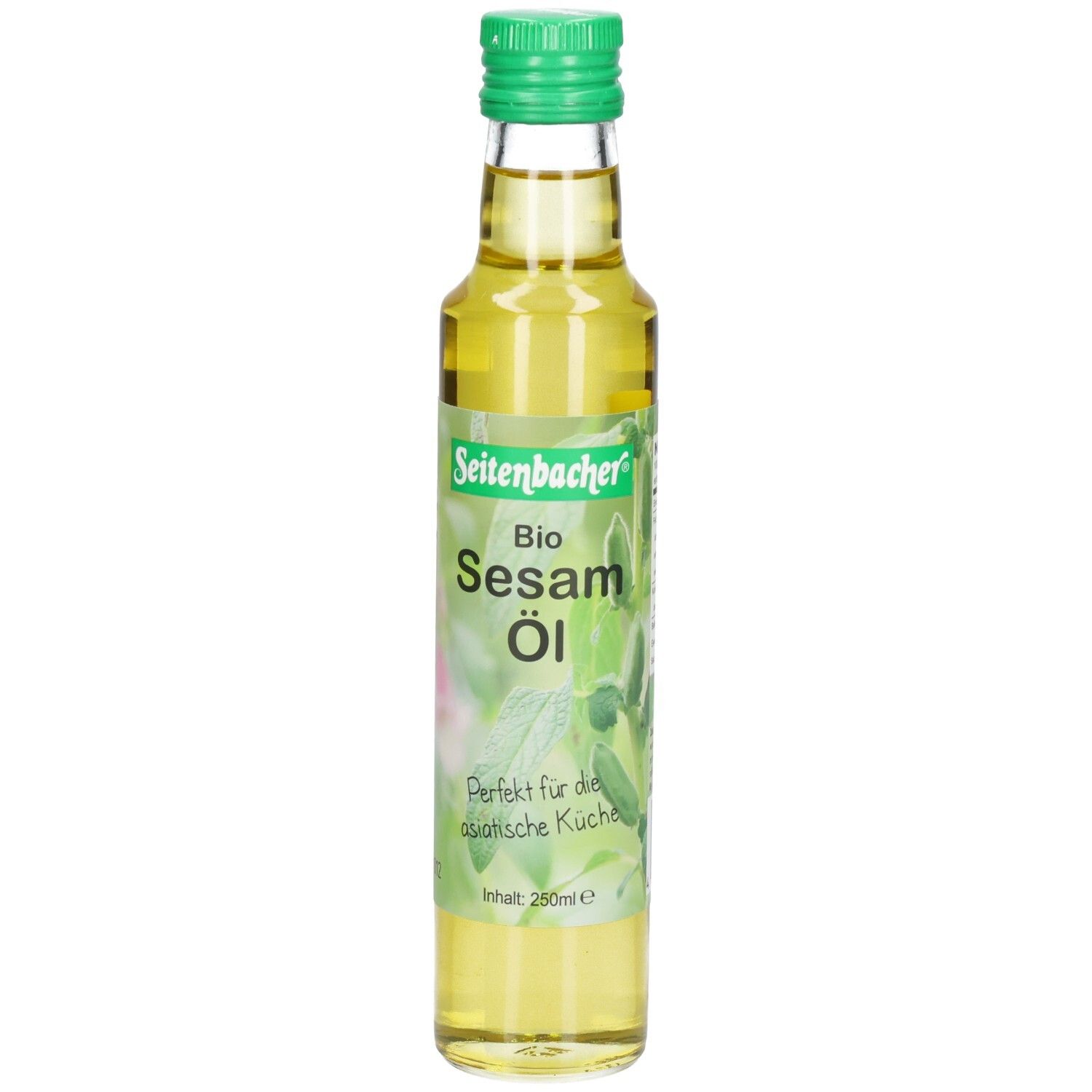 Bouteille en verre avec bouchon vert. Étiquette "Seitenbacher Bio Sesam Öl".