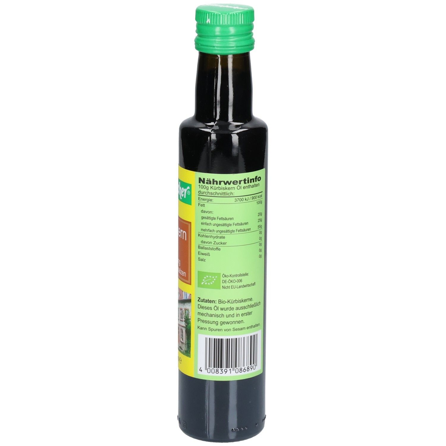 Bouteille en verre brun avec bouchon vert. Étiquette avec informations nutritionnelles. Seitenbacher Kürbiskern Öl. Certification bio.