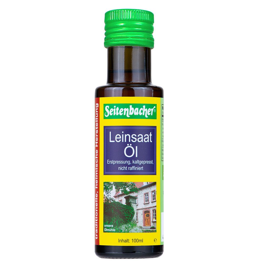 Braune Glasflasche mit grünem Deckel. Etikett mit Produktname und Logo. Text: Leinsaat Öl, Erstpressung, kaltgepresst, nicht raffiniert.