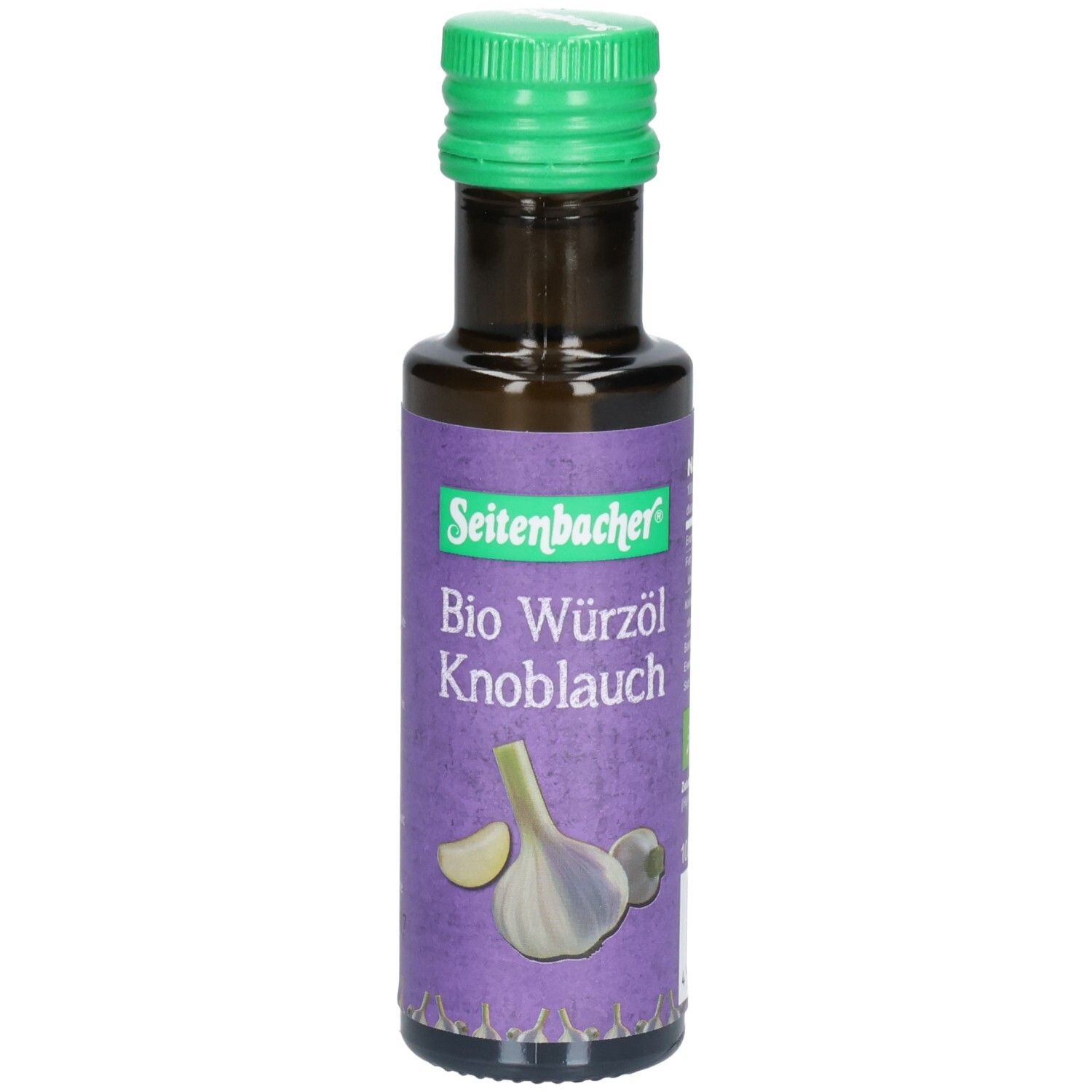 Braune Glasflasche mit grünem Deckel. Aufkleber mit Produktbezeichnung: Bio Würzöl Knoblauch. Abbildung von Knoblauch.